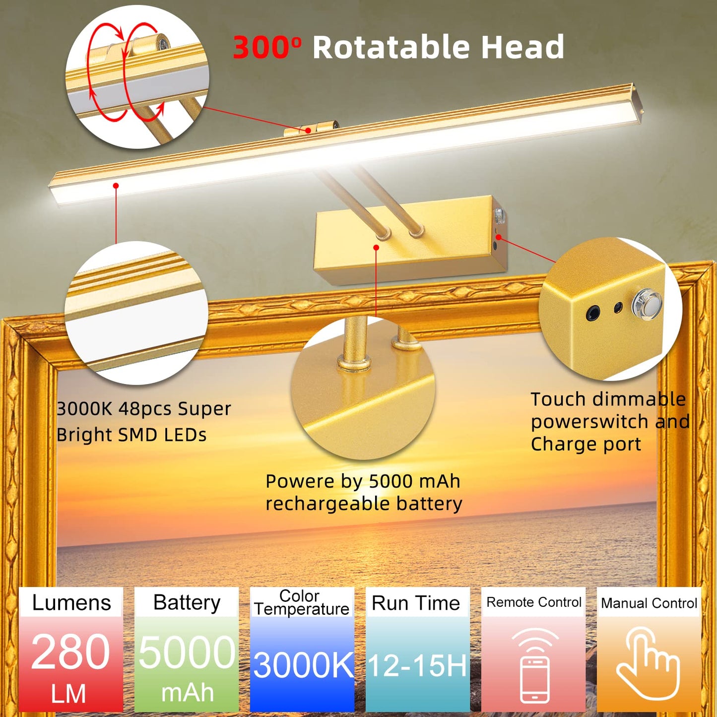 FUNCHDAY Picture Light, 5000mAh Battery Operated Art Light with Remote, Timer & Dimmable, 16” Metal Wall Painting Light, Gold