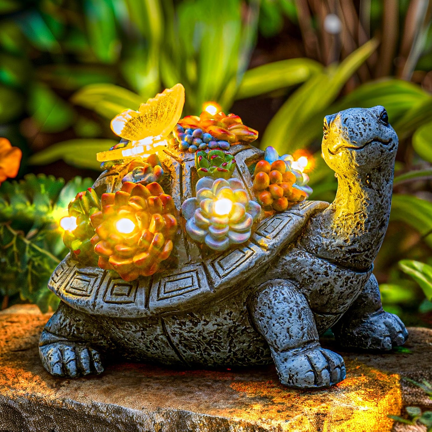YDKOJGW Solar Garden Tortoise Statue with Succulents & 7 LED Lights – Outdoor Lawn, Patio, Balcony Decor, Unique Gift (Gray)