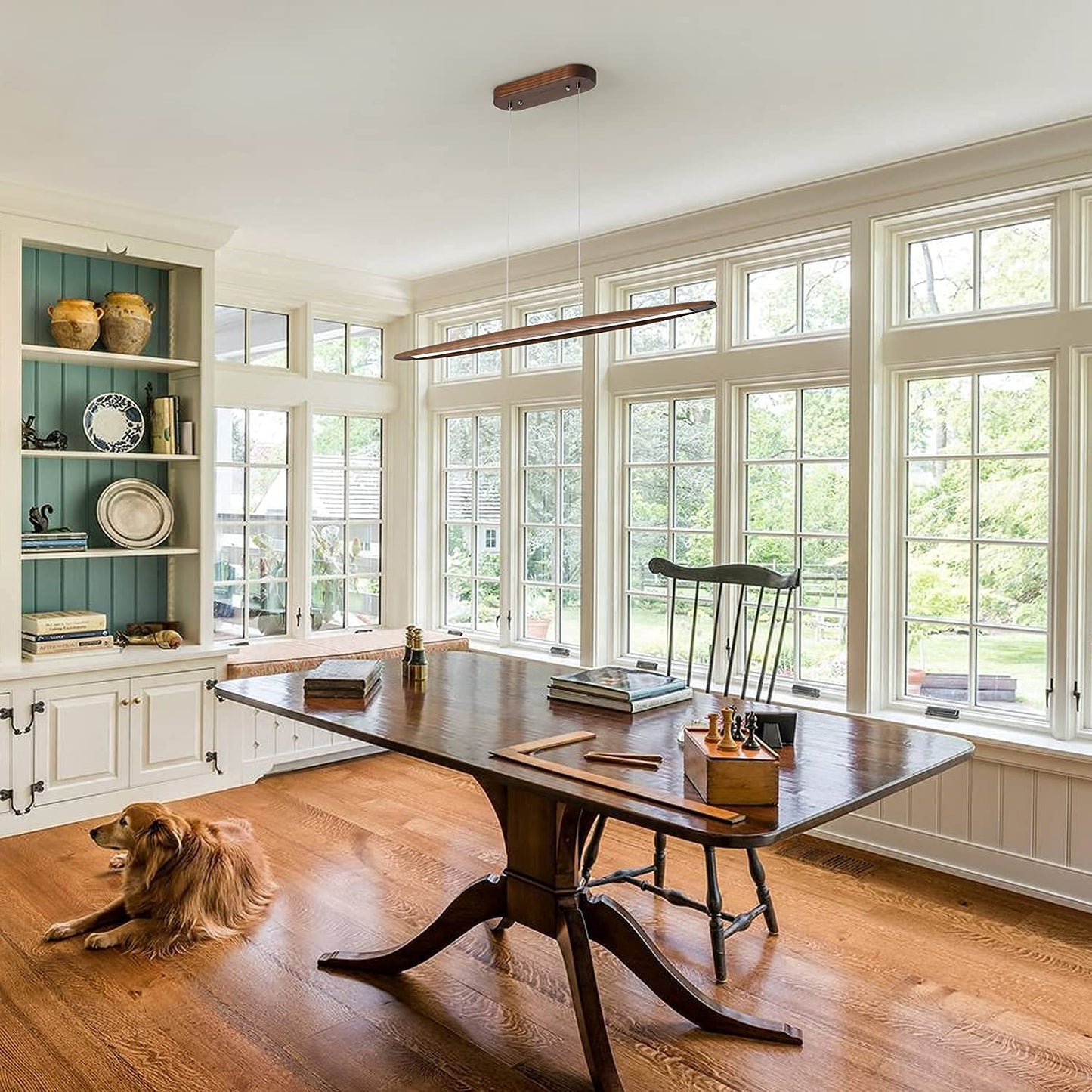 **YISDESIGN 39" Wood Linear LED Pendant Light, Dimmable 24W Hanging Island Fixture for Dining Room, Kitchen, Bar, Walnut Finish**