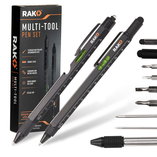 RAK 2-Pack Multitool Pen with LED, Screwdrivers, Level, Ruler, Bottle Opener & Stylus – EDC Gadget Gift for Men & Dad