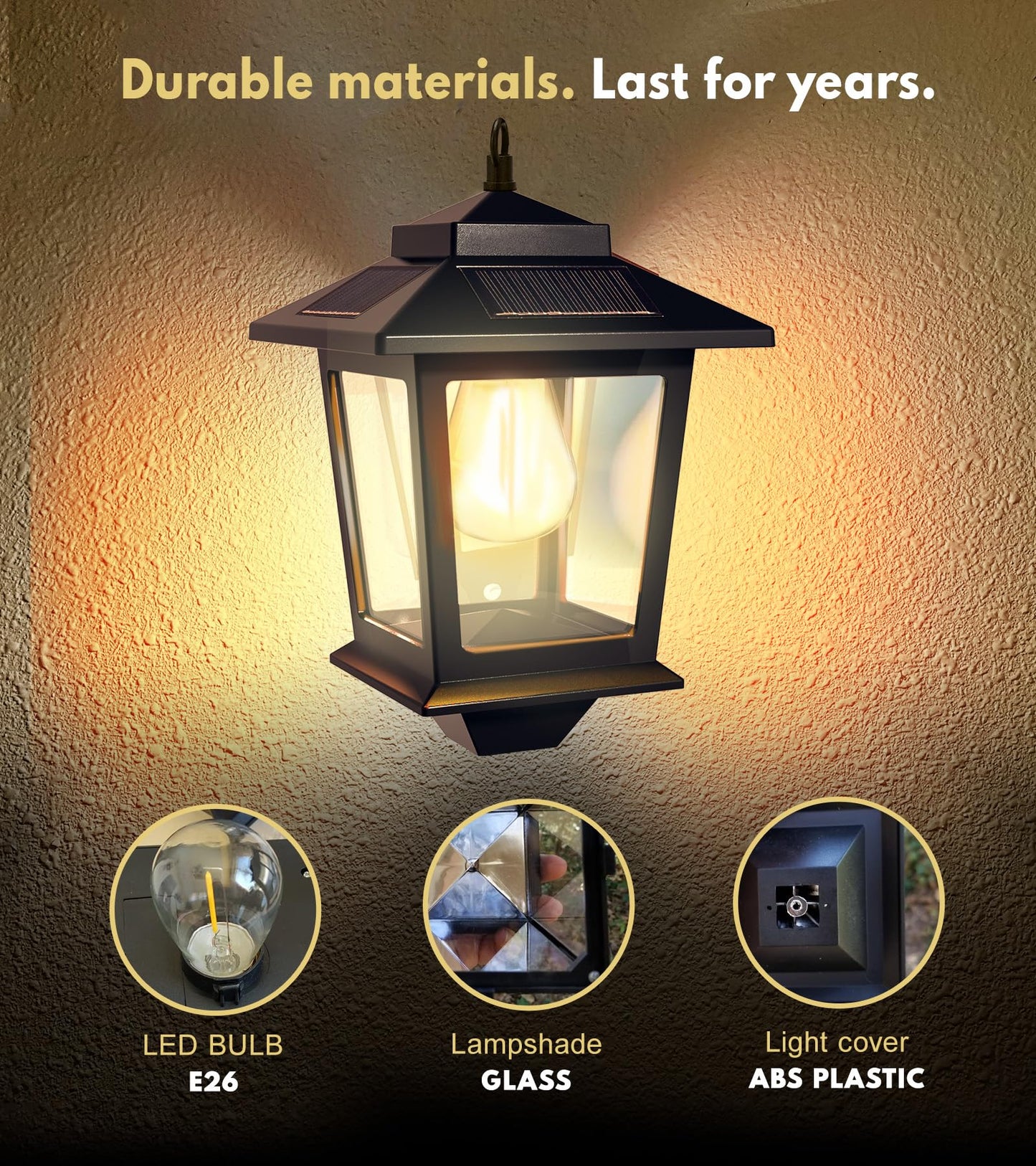 2-Pack Solar Wall Lanterns with Replaceable Bulbs, Outdoor Hanging LED Lights, Waterproof, Anti-Rust, Dusk-to-Dawn, 3000K Warm White