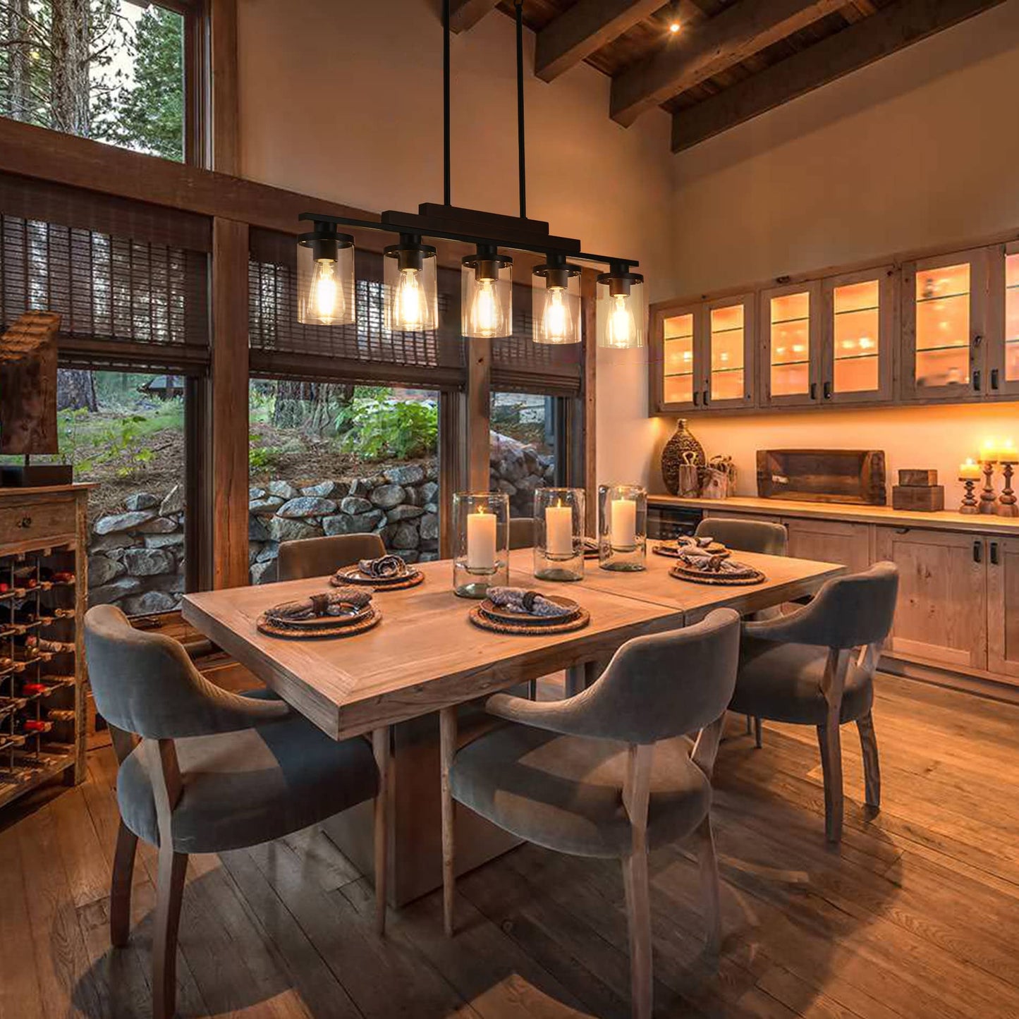 5-Light Farmhouse Chandelier, Matte Black & Wood Linear Pendant for Dining Room or Kitchen Island with Clear Glass Shades