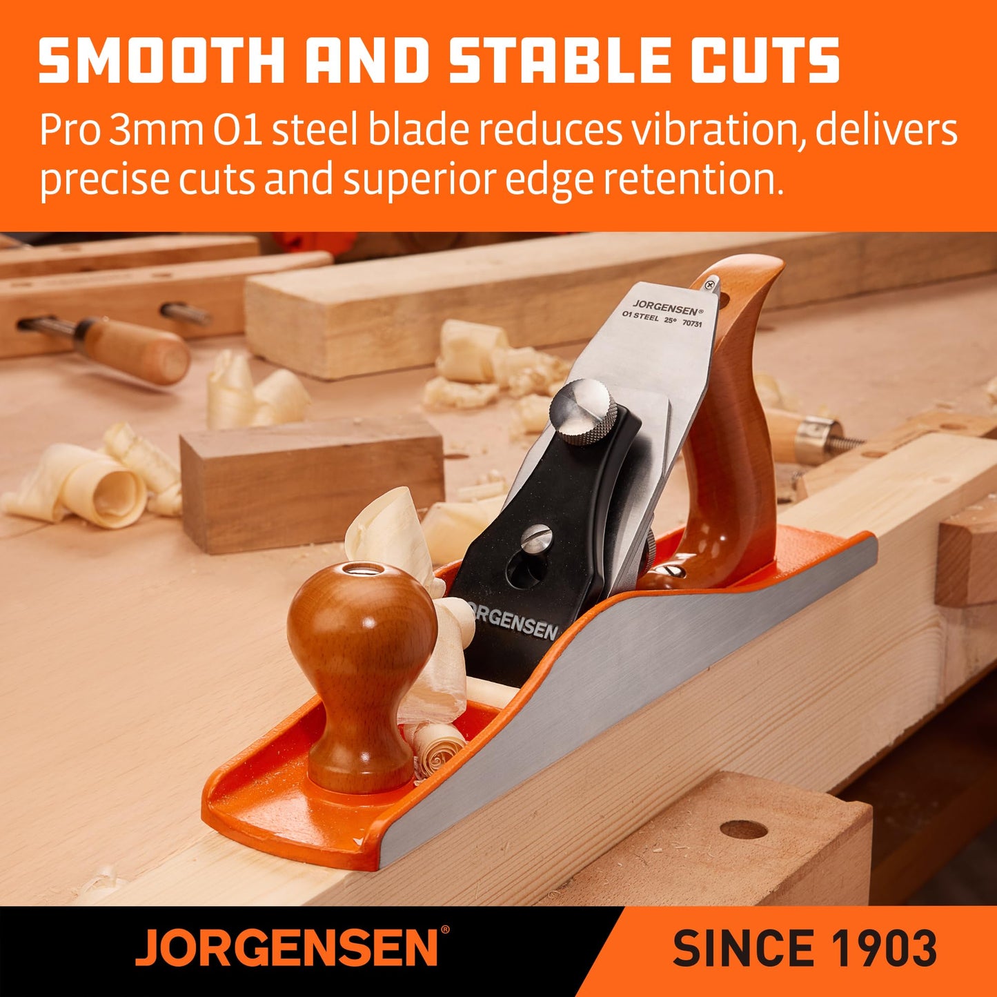 JORGENSEN No.5 Wood Planer - Professional Hand Plane for Flattening & Smoothing Wood, Adjustable Depth, Ergonomic Ductile Iron Body