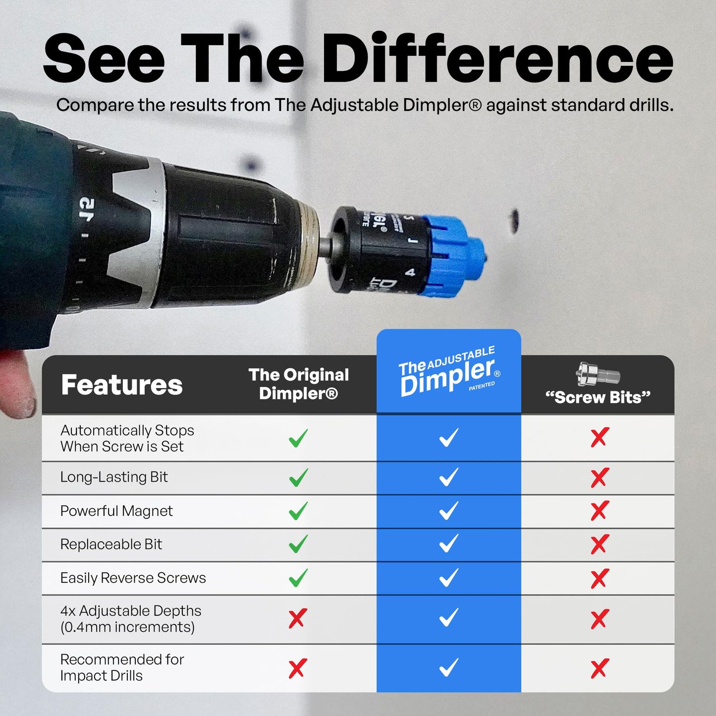 Adjustable DIMPLER® Drywall Bit & Screw Gun Attachment – Converts Drill into Drywall Screw Gun or Deck Screwdriver, Magnetic Bit Holder for Fast, Accurate Installation