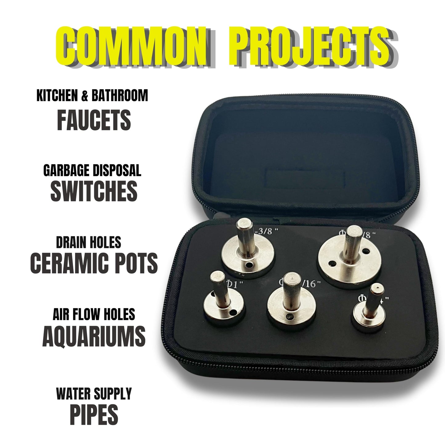 Drilax 5-Pc Diamond Hole Saw Set with Guide & PU Case | for Glass, Tile, Granite & Countertops | Includes 3/4", 1", 1-3/16", 1-3/8", 1-5/8" Bits