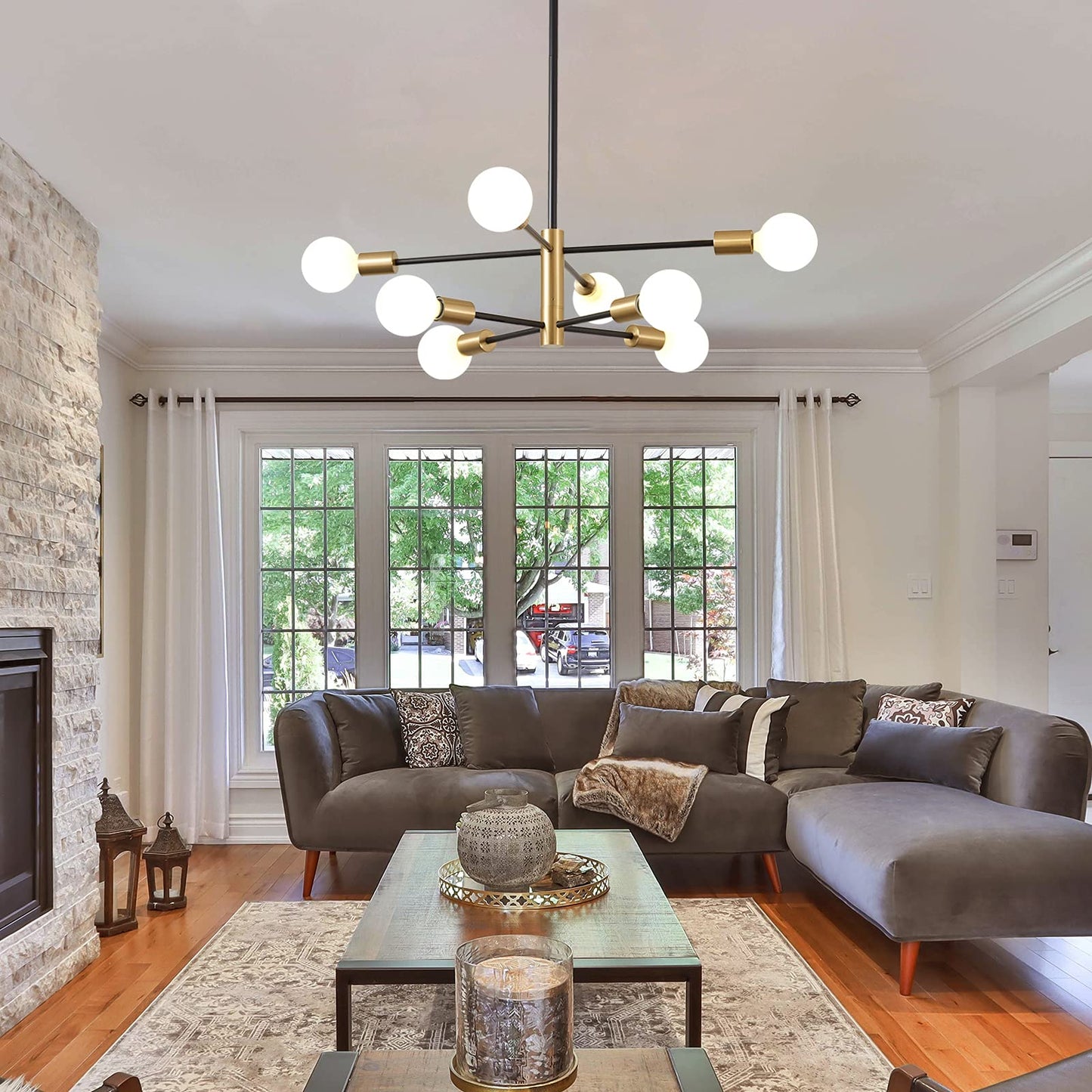 KAISITE 8-Light Modern Sputnik Chandelier, Height Adjustable Mid-Century Black & Gold Ceiling Light for Bedroom, Living & Dining