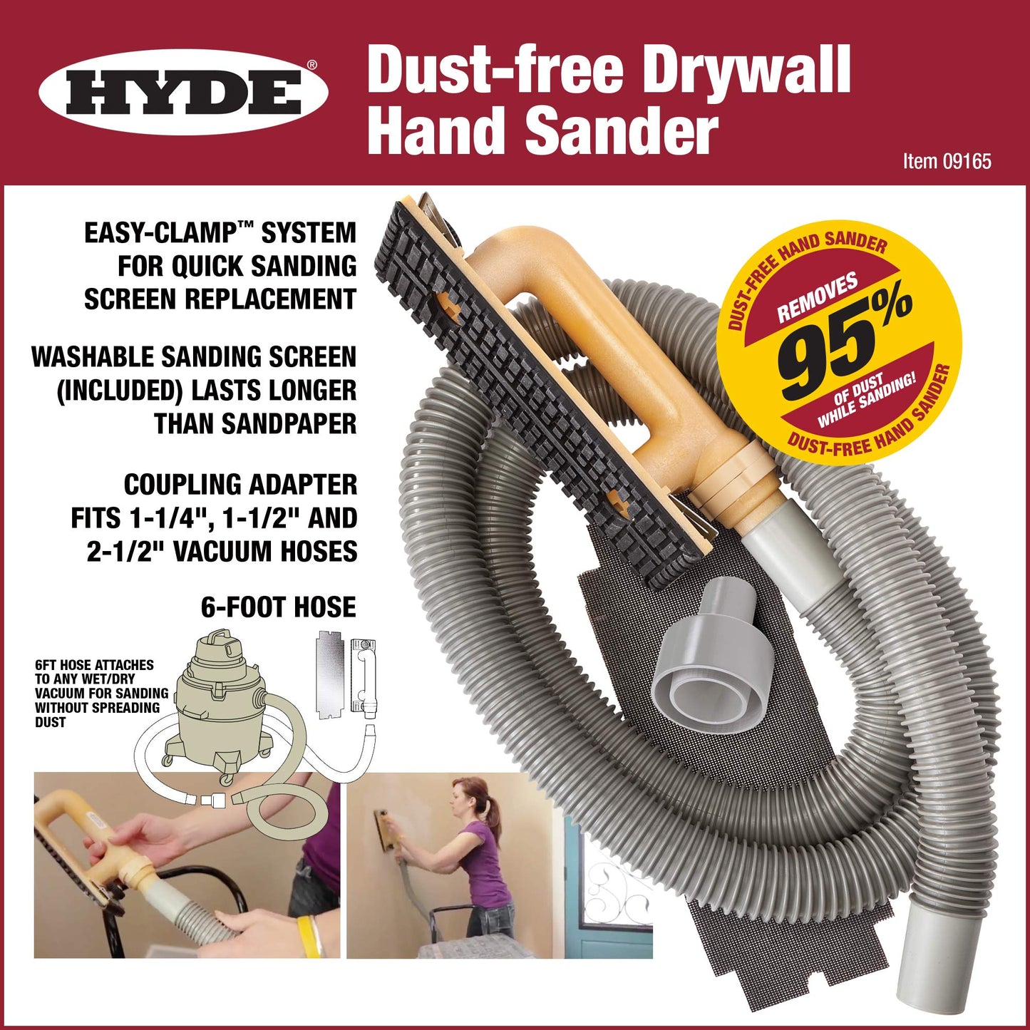 Hyde Tools 09165 Dust-Free Drywall Vacuum Hand Sander with 6-Foot Hose