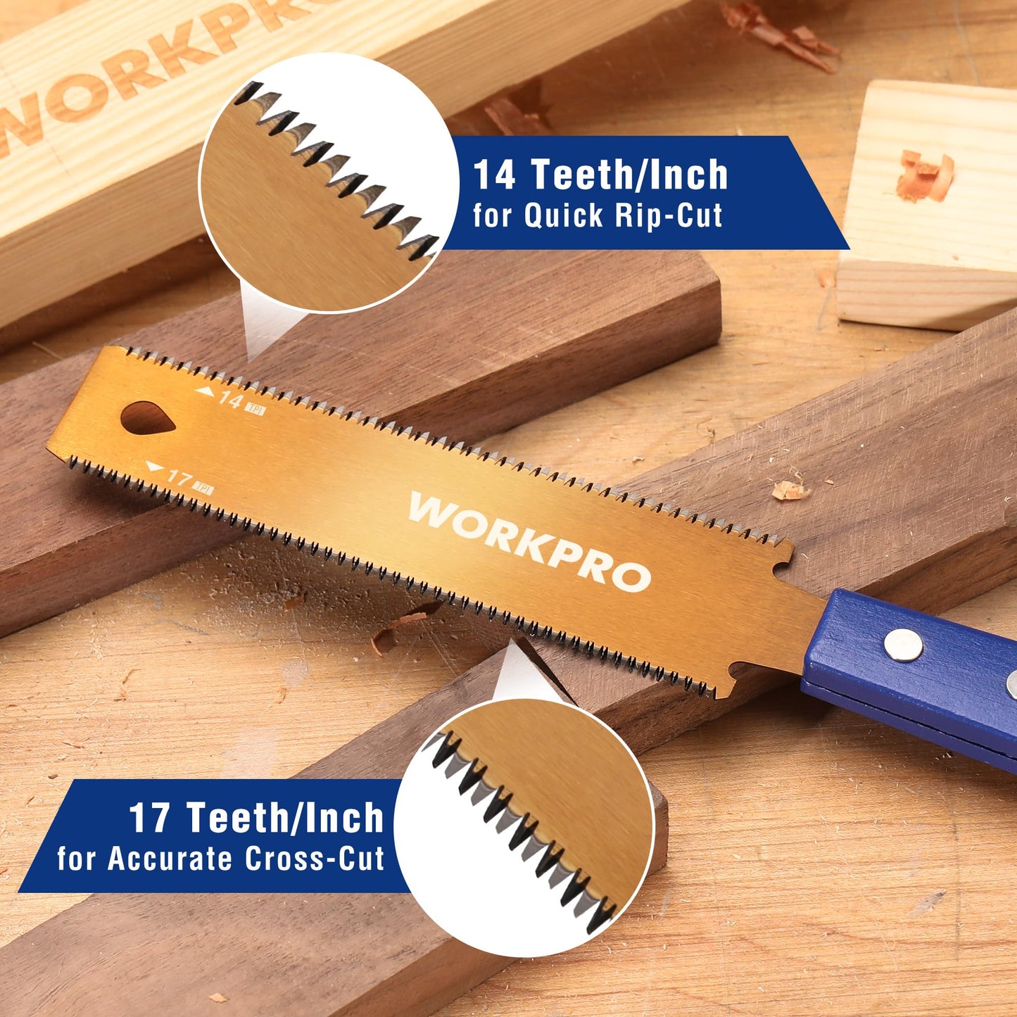 WORKPRO 6" Japanese Pull Saw, Double-Edged SK5 Blade, 14 & 17 TPI, Non-Slip Beech Handle, Narrow Head for Precision Wood Cutting