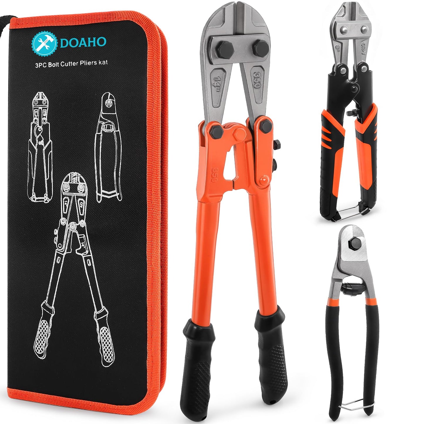 3Pcs Bolt Cutter Set with 14" Heavy Duty, 8" Mini & Wire Rope Cutters with Storage Bag for Locks, Chains, Steel, Metal, Fence