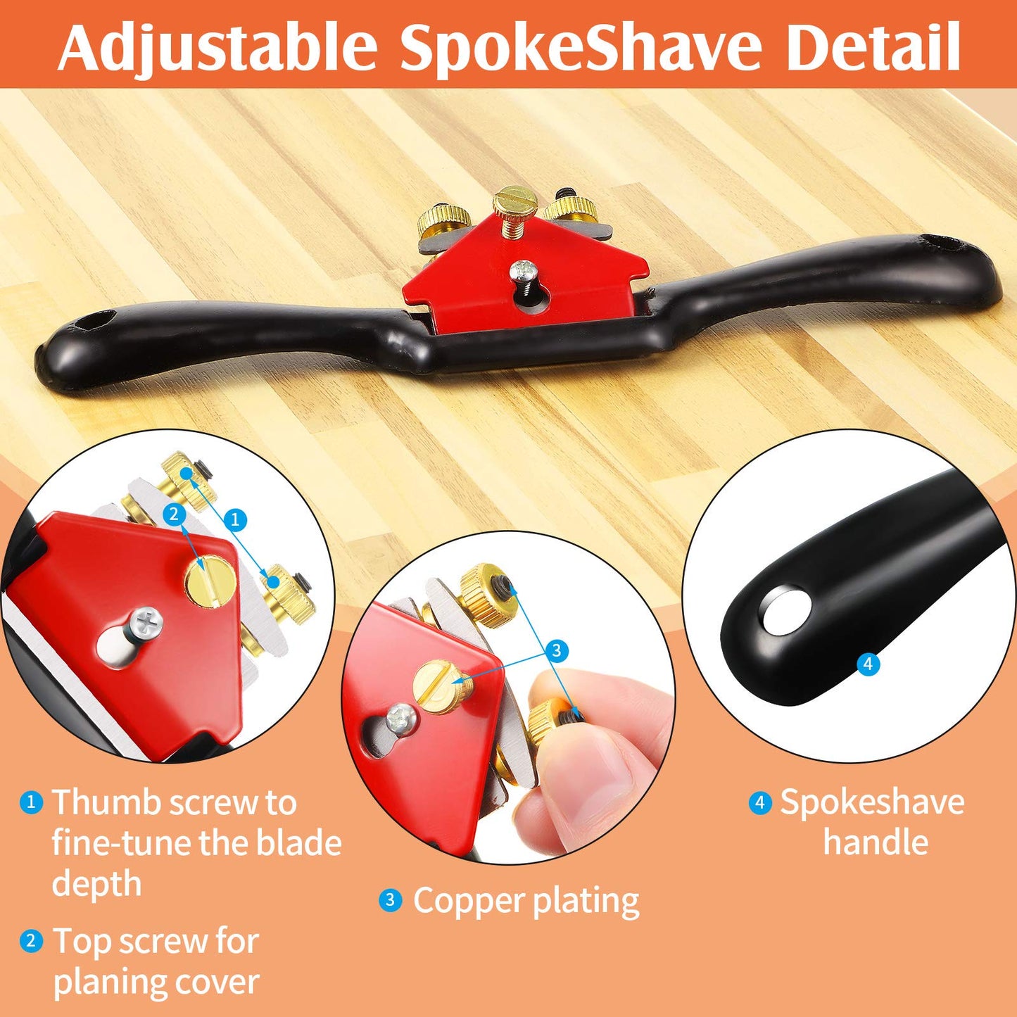 Minatee Adjustable Spokeshave with Flat Base and 5 Metal Blade Smooth Planes Working Hand Tool for Wooden Craft Carver Wood Working