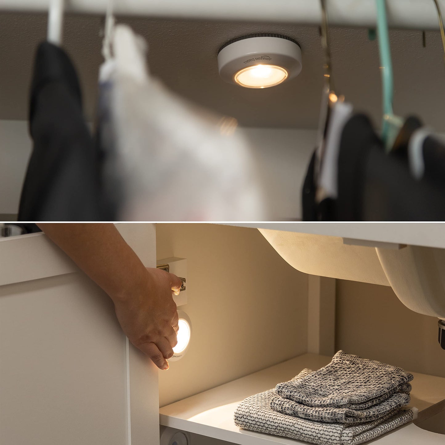 Amazon Basics LED Puck Lights, 2 Pack, Battery Operated Tap Stick-On Lights, 50 Lumens, Ideal for Cabinets, Closets, Garage – White