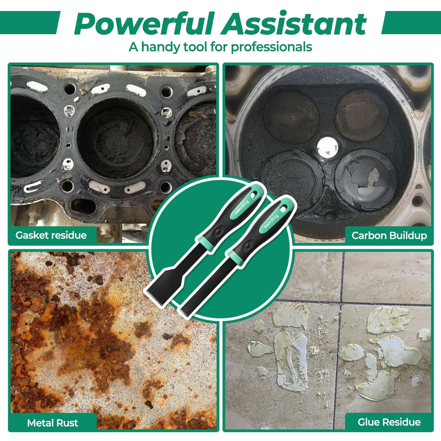 Prozwee 2PCS Carbide Scraper Set, 1-1/4" & 5/8" Tungsten Tips, Durable Gasket & Carbon Remover for Various Surfaces