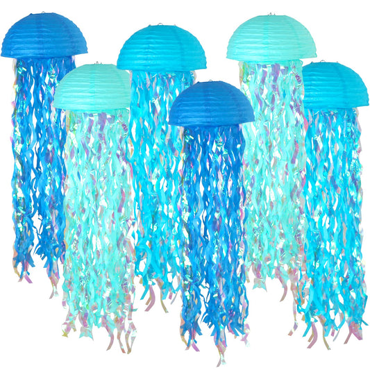 ADLKGG Blue Jellyfish Paper Lanterns, Set of 6 – Under the Sea, Mermaid Birthday, Baby Shower, Ocean & Beach Party Decorations