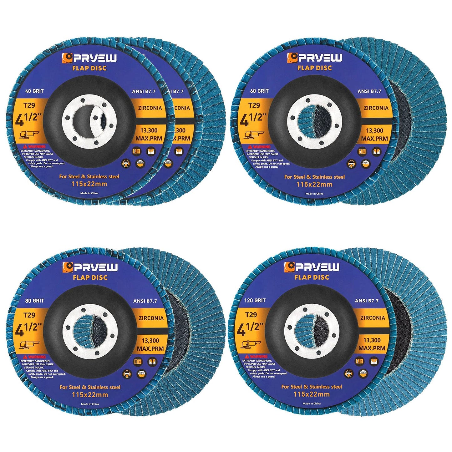 PRVEW 4.5" Flap Discs 5-Pack, T29 Zirconia Abrasive Grinding Wheels, 40/60/80/120 Grit for Metal & Stainless Steel
