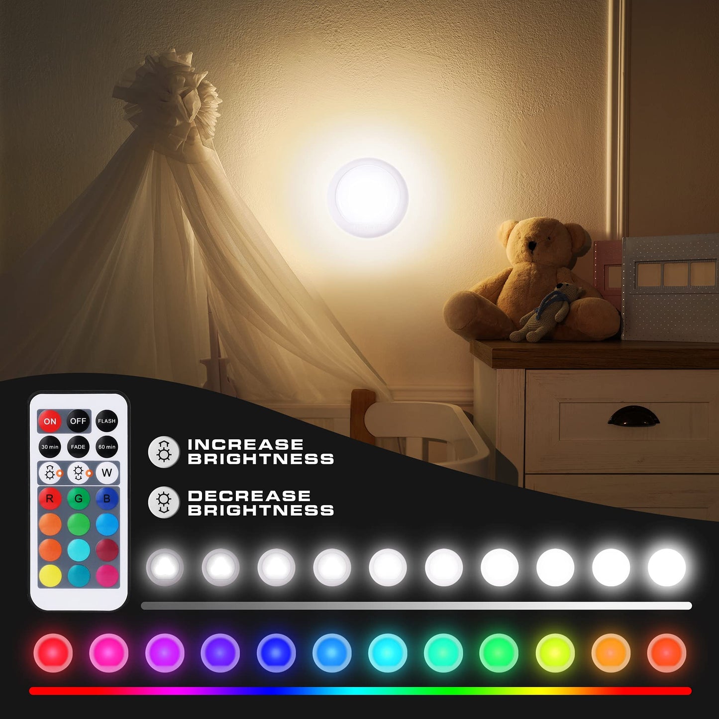 EverBrite 3-Pack LED Tap Lights, 12 RGB Colors, Wireless Push Puck Lights for Closet, Bedroom, Wall, Night Light, 9 AAA Batteries
