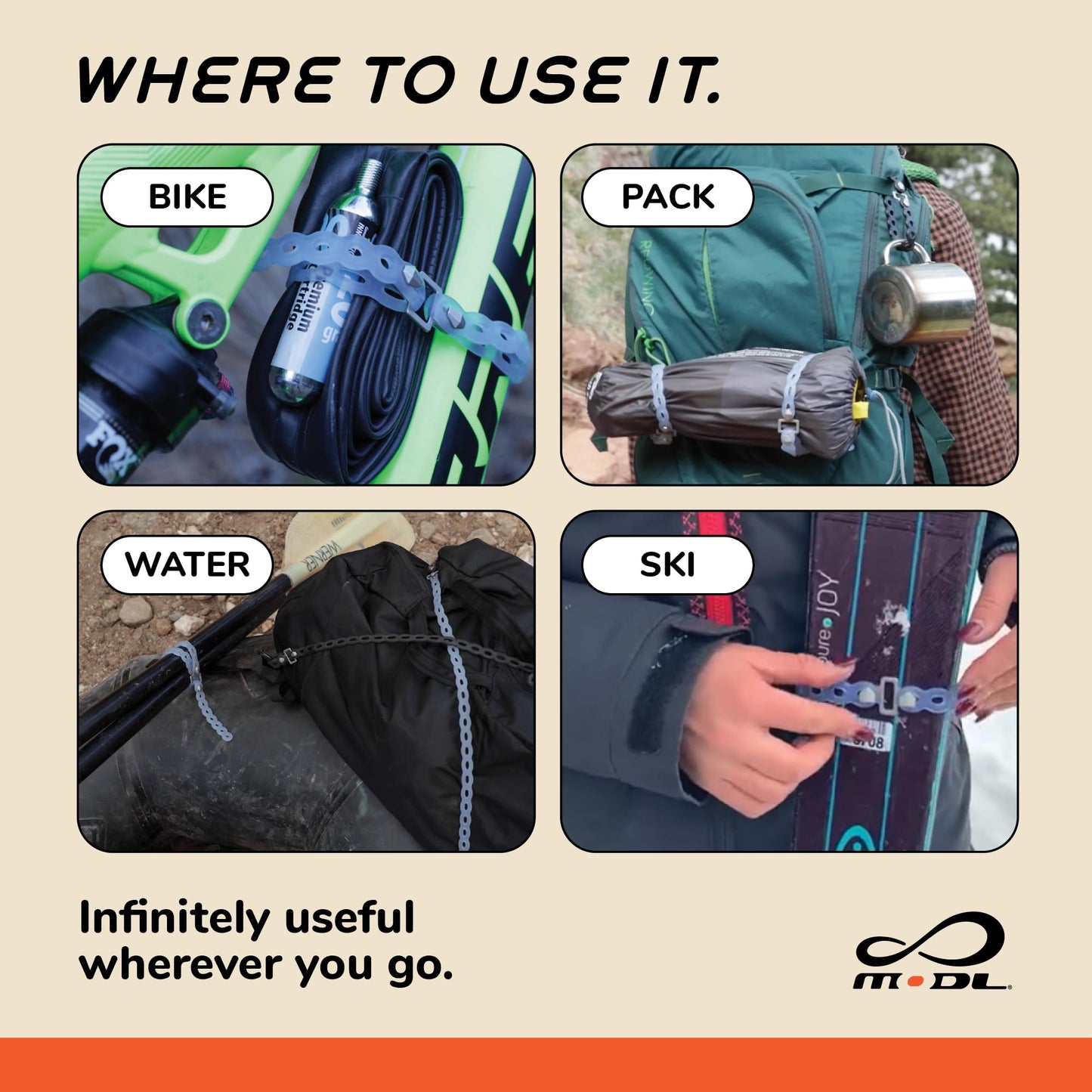 MODL Infinity Tool 2.0 (4-Pack) – Modular Utility Bracelet, Wearable Multi-Tool Strap for Outdoor, Survival, Camping, Travel, EDC (Black)