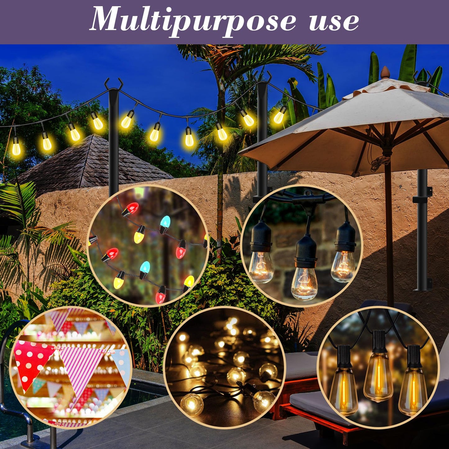4-Pack 5ft Metal String Light Poles for Outdoor Use – Stands for Patio, Deck, Backyard, Garden, Wedding & Party Lighting