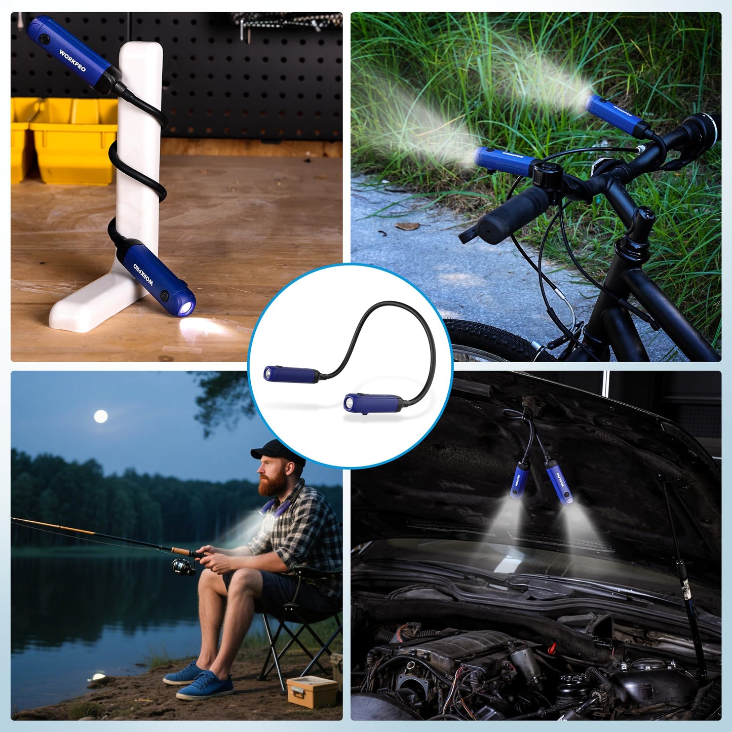 WORKPRO Rechargeable Neck Light – 300 Lumens, 3 Brightness Levels, Bendable Silicone Arm, Hands-Free for Reading, Camping, DIY, Blue/Black