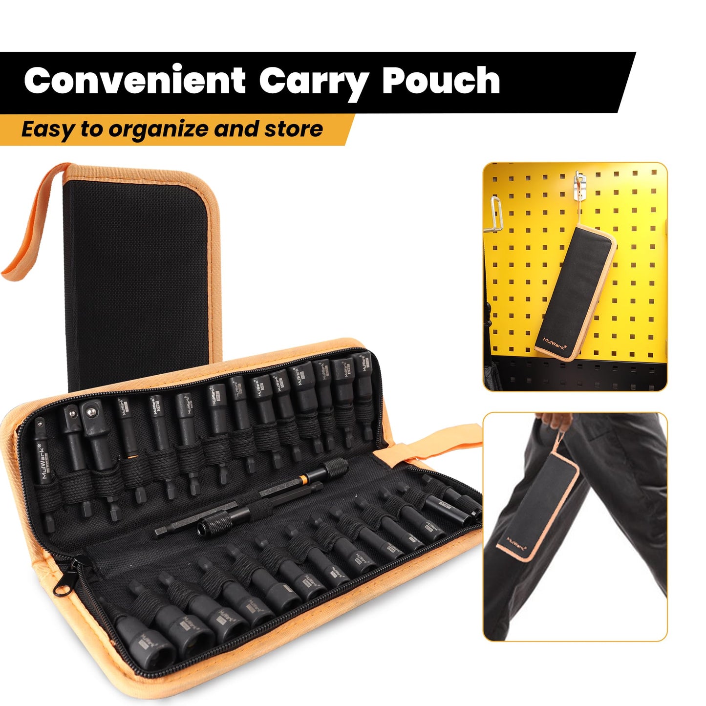 MulWark 29-Piece Magnetic Nut Driver Set, SAE & Metric Impact Drill Socket Adapters with Bit Holder, Quick-Release Extension & Storage Bag