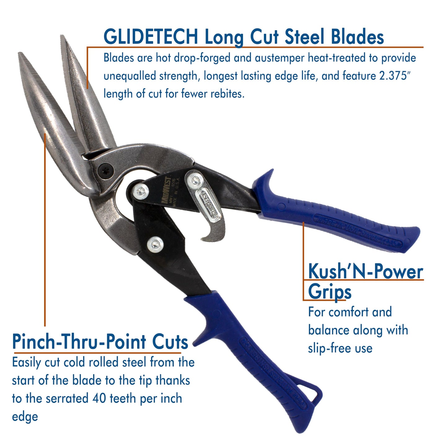 MIDWEST Power Cutters Long Cut Snip - Straight Cut Offset Tin Cutting Shears with Forged Blade & KUSH'N-POWER Comfort Grips - MWT-6516
