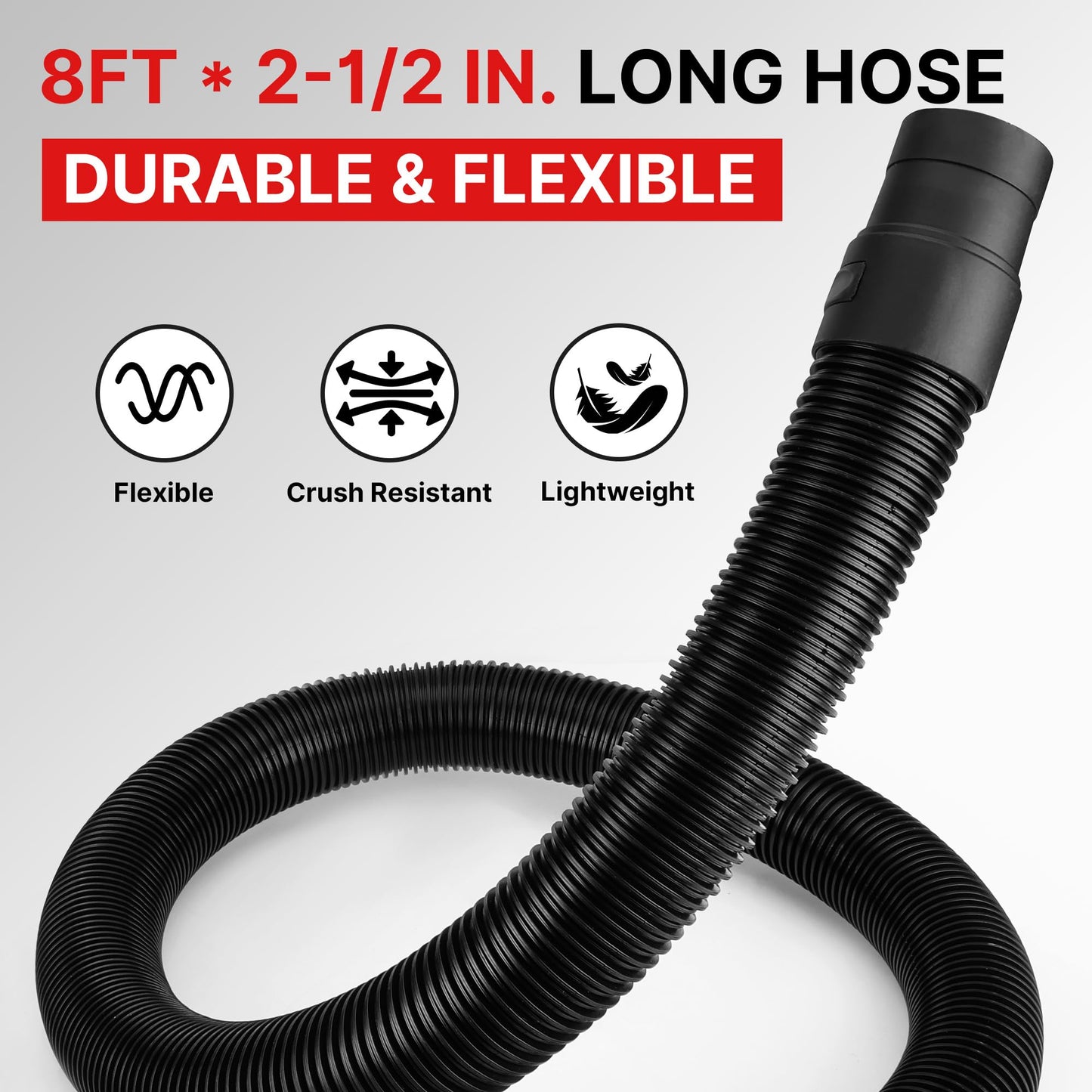 Shop-Vac 8' X 2-1/2" Universal Hose Black, Replacement Hose Compatible with Rigid, Dewalt, Husky, Craftsman, Bauer, Masterforce Vacuum Cleaners