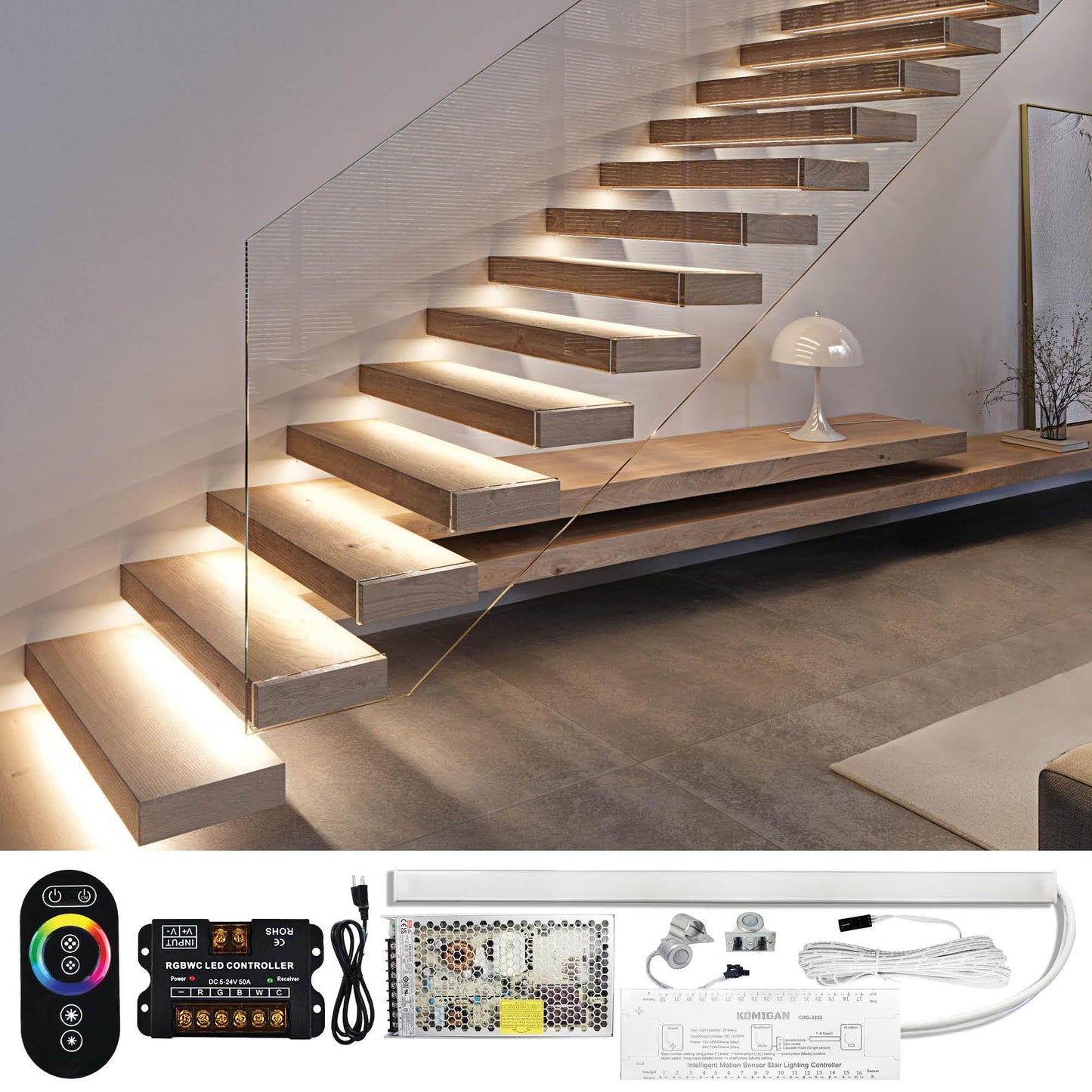 PARMIDA Motion Sensor LED Stair Lights, RGB + 5CCT, 24” Aluminum Bars, Dimmable, Remote, Cascading Style, UL Driver, 20 Steps