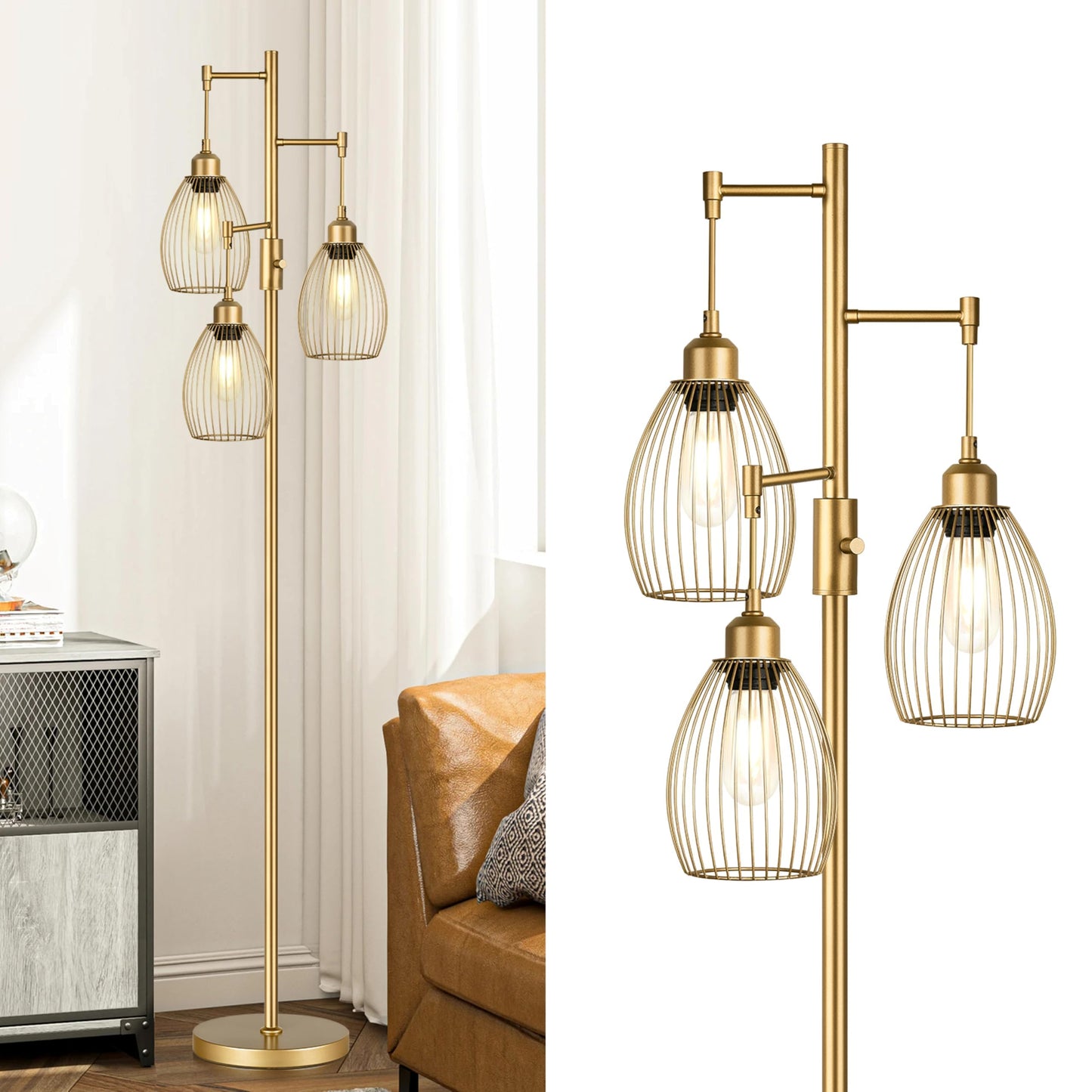Dimmable Gold Industrial Floor Lamp, 3 Teardrop Cage LED Heads, 800 Lumens, Tall Standing Lamp for Living Room, Bedroom, Office