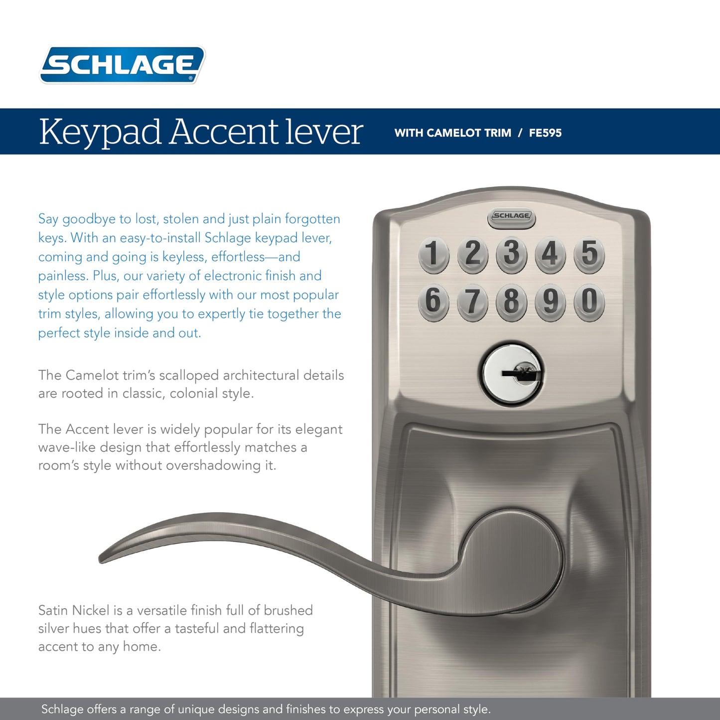 SCHLAGE FE595 CAM 626 ACC Camelot Keypad Entry with Flex-Lock and Accent Levers, Brushed Chrome