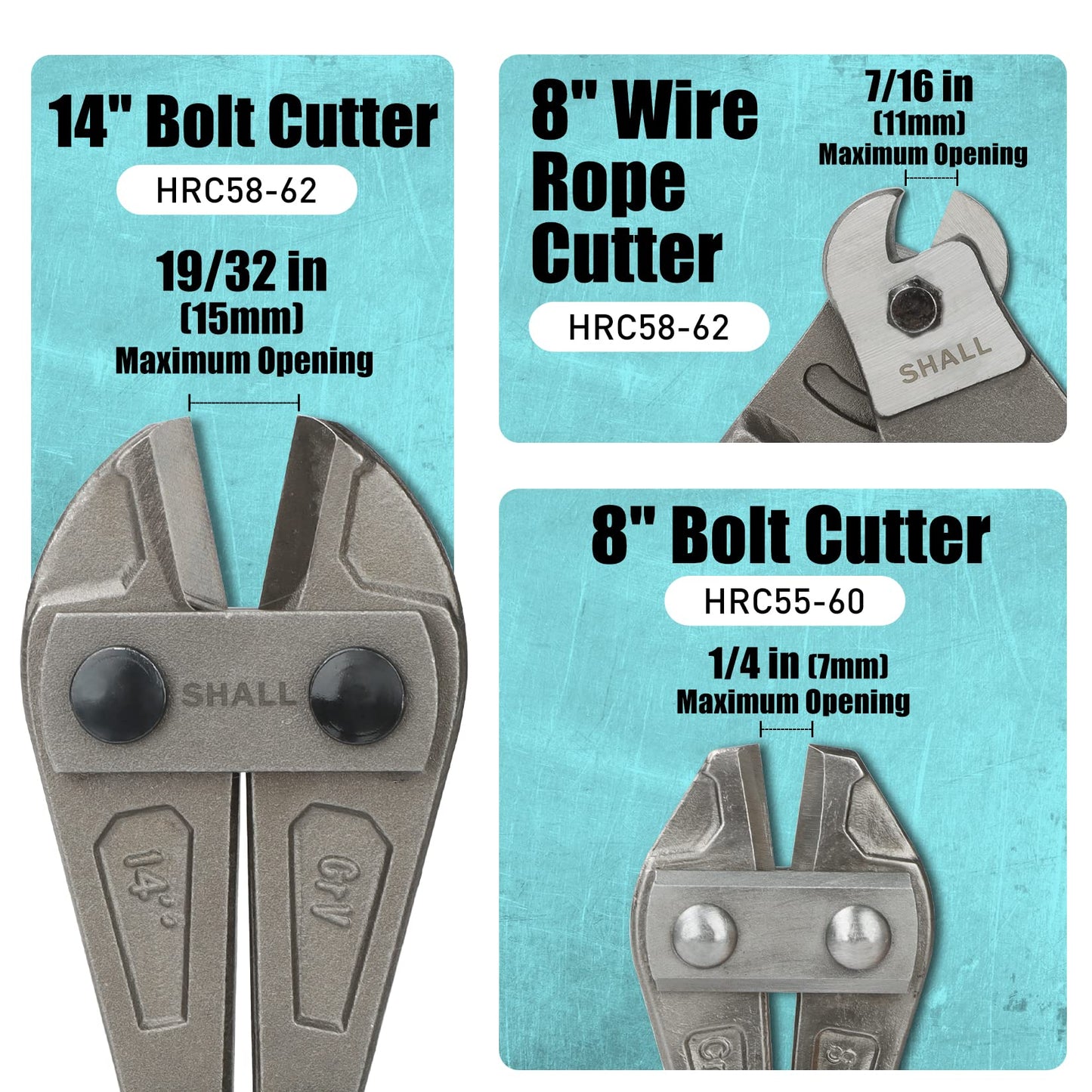 SHALL 3‑Piece Bolt Cutter Set: 14" Heavy Duty Bolt Cutter, 8" Mini Cutter & 8" Wire Rope Cutter with Ergonomic Handles, Carrying Case Included