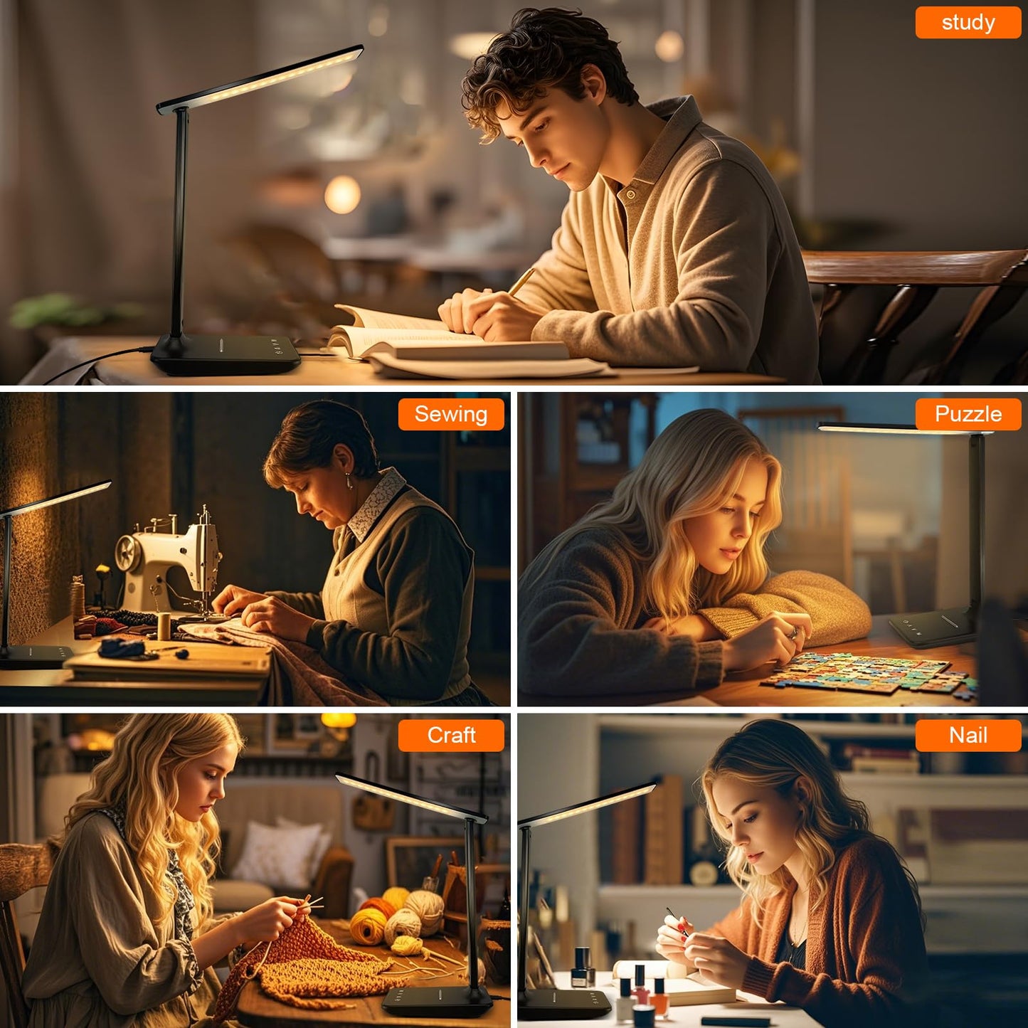 Shinelife LED Desk Lamp for Home & Office, Touch Control, Adjustable Brightness & 5 Modes, USB Charging, Dimmable Study & Craft Light, Black