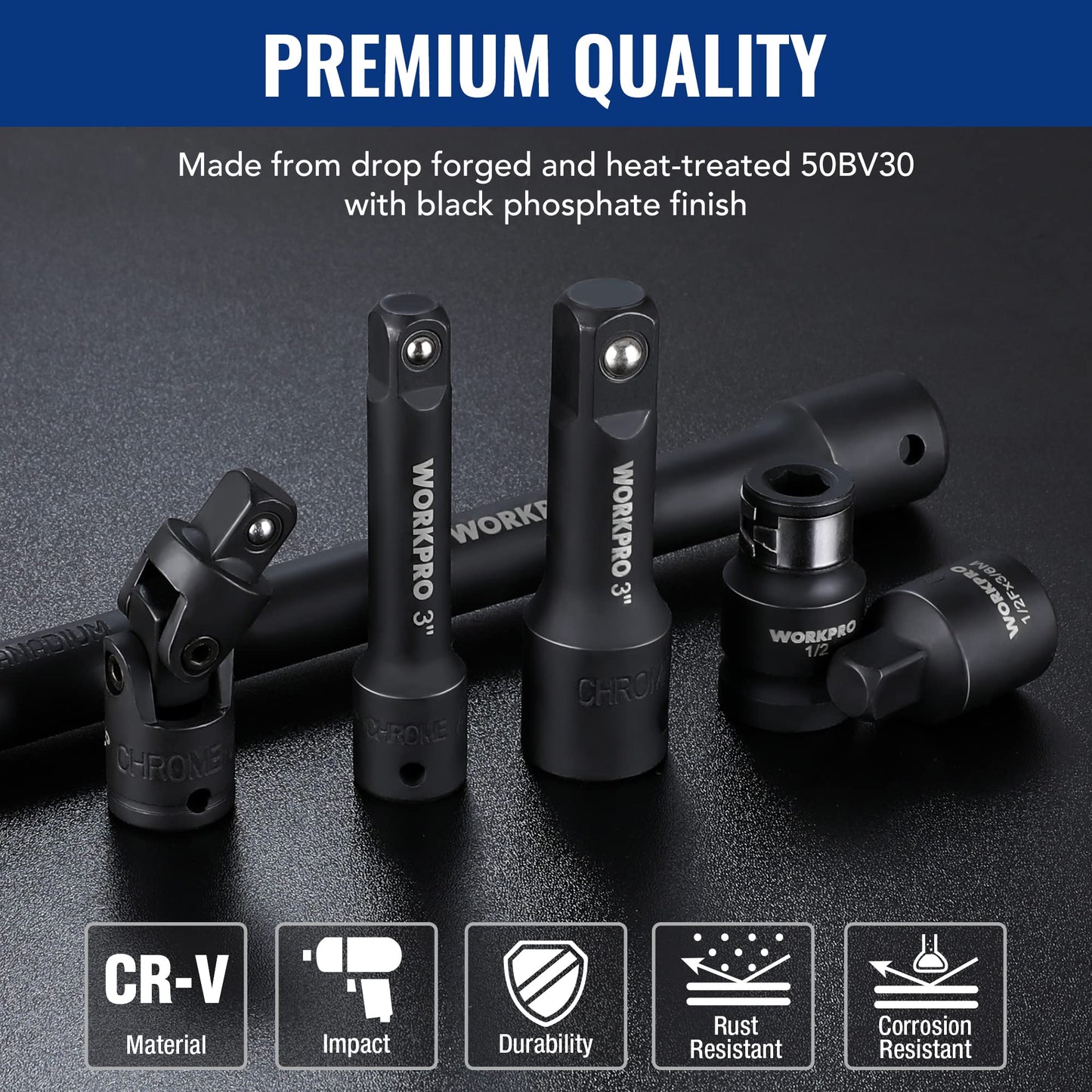 WORKPRO 18-Piece Impact Socket Extension Set with Adapters, Ratchet Extensions, Swivel Joints & Coupler, 1/4", 3/8" & 1/2" Drive