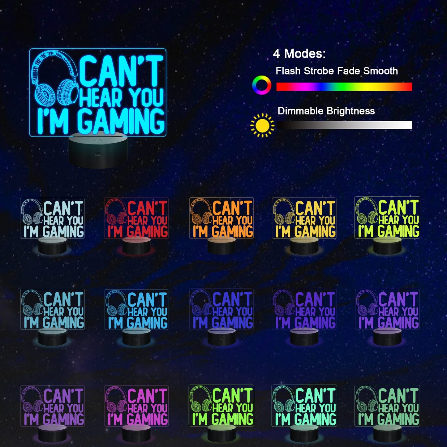 YuanDian “Can’t Hear You I’m Gaming” Night Light, Gamer 3D Illusion Lamp with Headset Design, 16 Color LED, Touch & Remote Control Gift for Men, Teens & Kids
