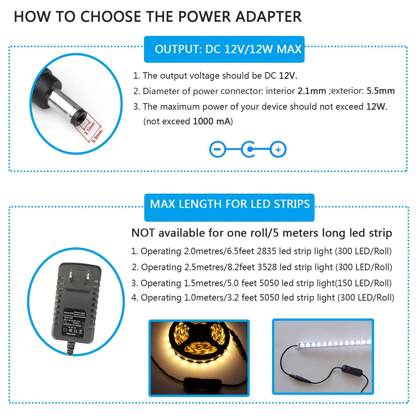 AspenTek 12V DC Power Supply Adapter with Inline On/Off Switch for LED Strips, Bars, Tape & Under Cabinet Lighting, 12W 1000mA Output