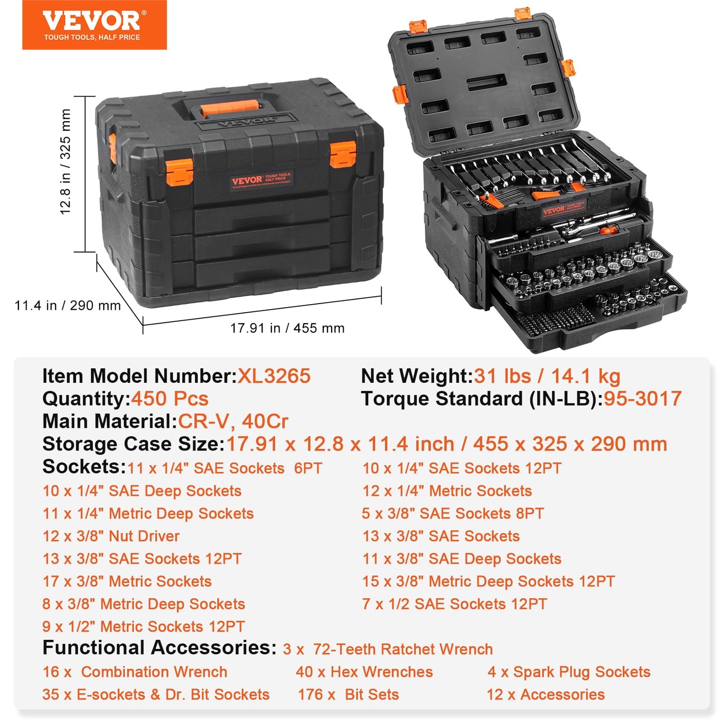 VEVOR 450-Piece Mechanics Tool & Socket Set, SAE/Metric, 1/4" 3/8" 1/2" Drive, Wrenches, Bits & Accessories with Storage Case