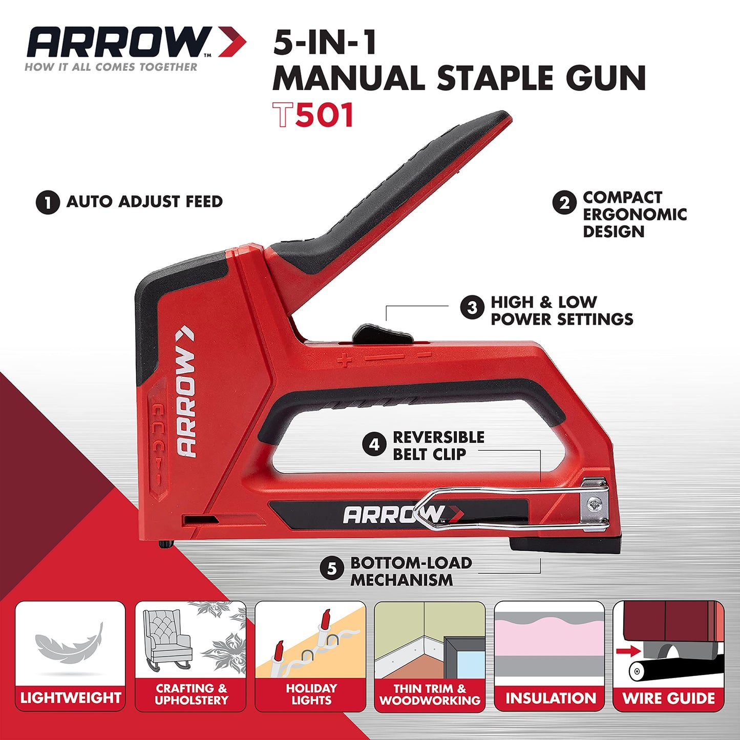 Arrow T501 5-in-1 Manual Staple & Nail Gun – Brad Nailer, Wire Stapler for Wood, Upholstery, Fencing, Crafts & Construction, Black/Red