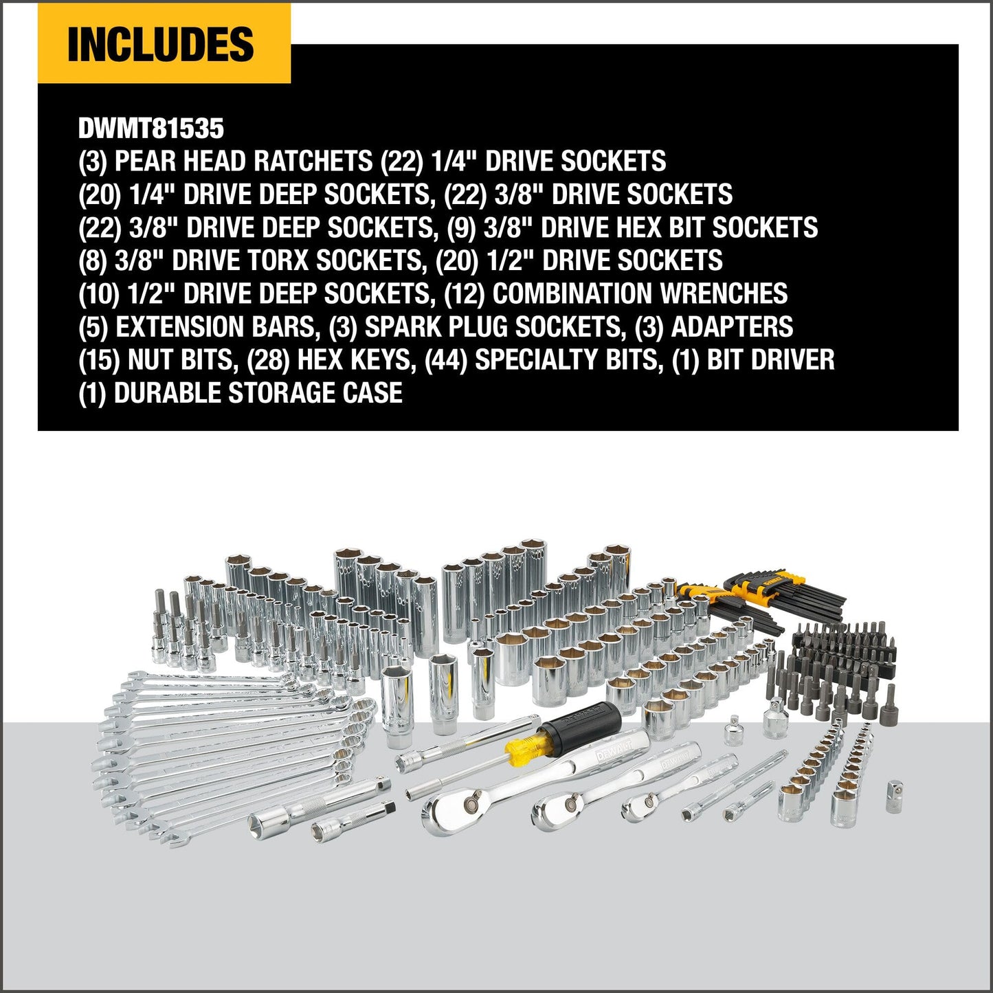 DEWALT 247-Piece Mechanic Tool Set, 1/4, 3/8 & 1/2 in. Drive, SAE Sockets, Ratchets, Wrenches & Hex Keys, Polished Chrome (DWMT81535)