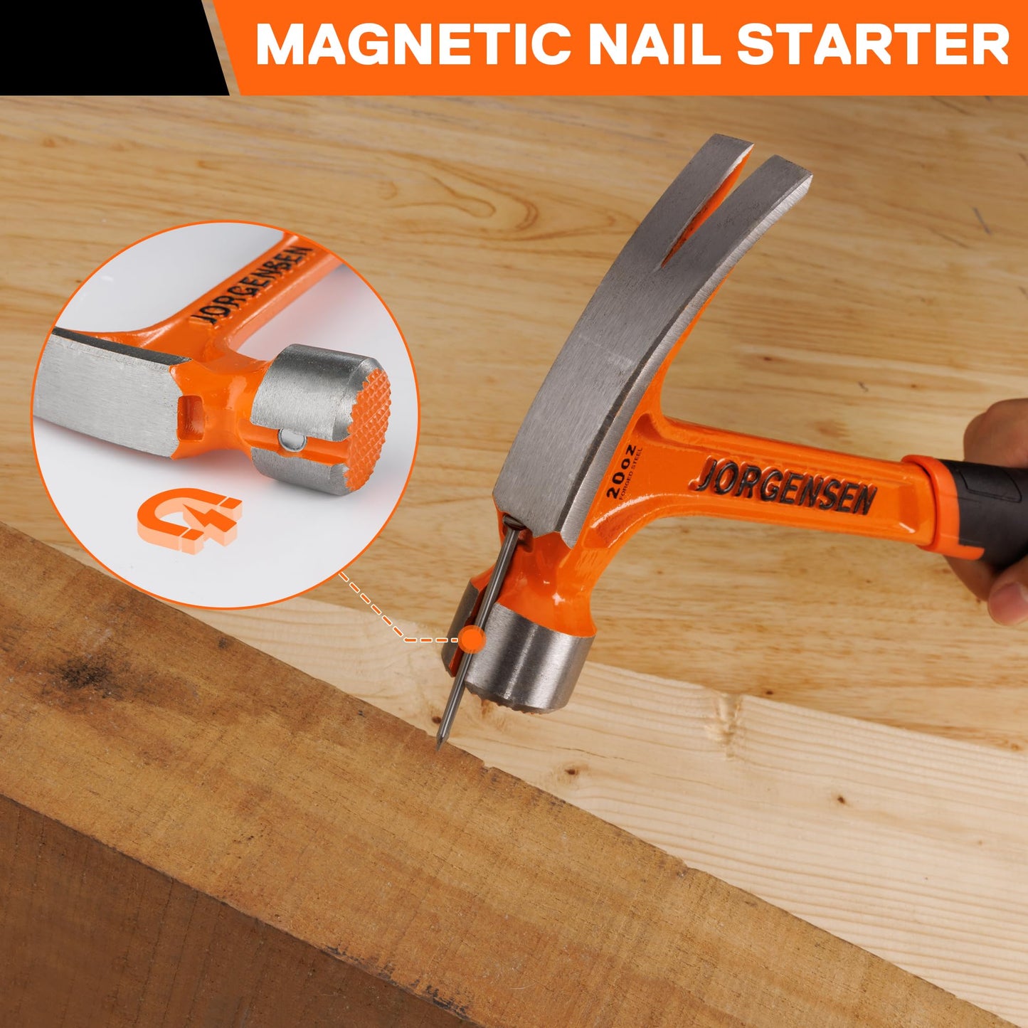 Jorgensen 20oz Straight Claw Hammer with Magnetic Nail Holder, Milled Face, Side Nail Puller & Shock-Absorbing Grip, Heavy Duty