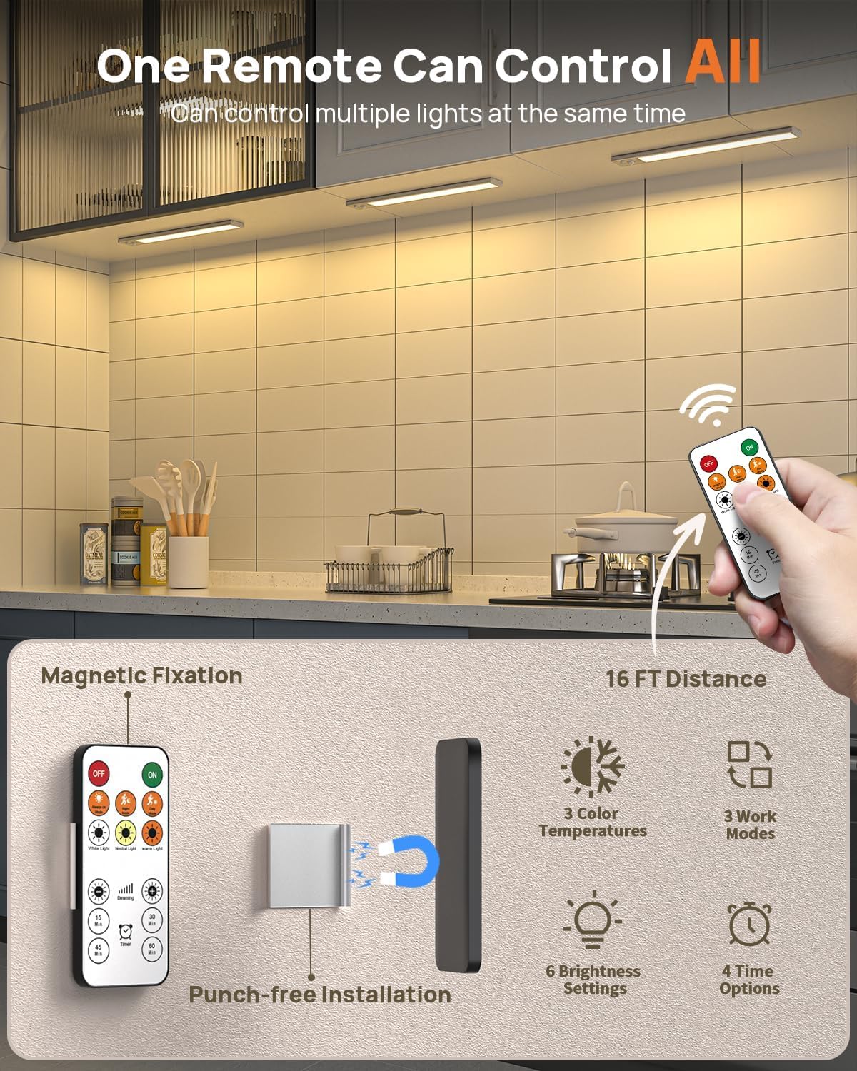 16" LED Under Cabinet Lights with Remote, Motion Sensor, USB Rechargeable 4000mAh, 3 Color Temps, Wireless Kitchen, Closet, 3-Pack