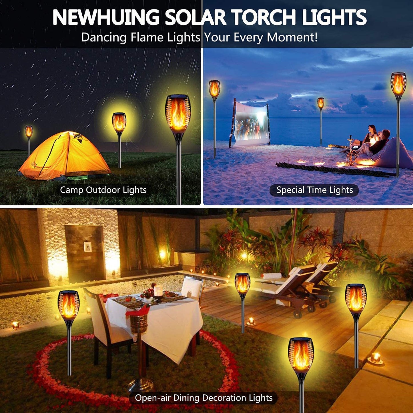 4PC Solar Torch Lights 43" Outdoor, 96 LED Flickering Flame Pathway Garden Lights, Waterproof, Auto On/Off, Christmas Decor