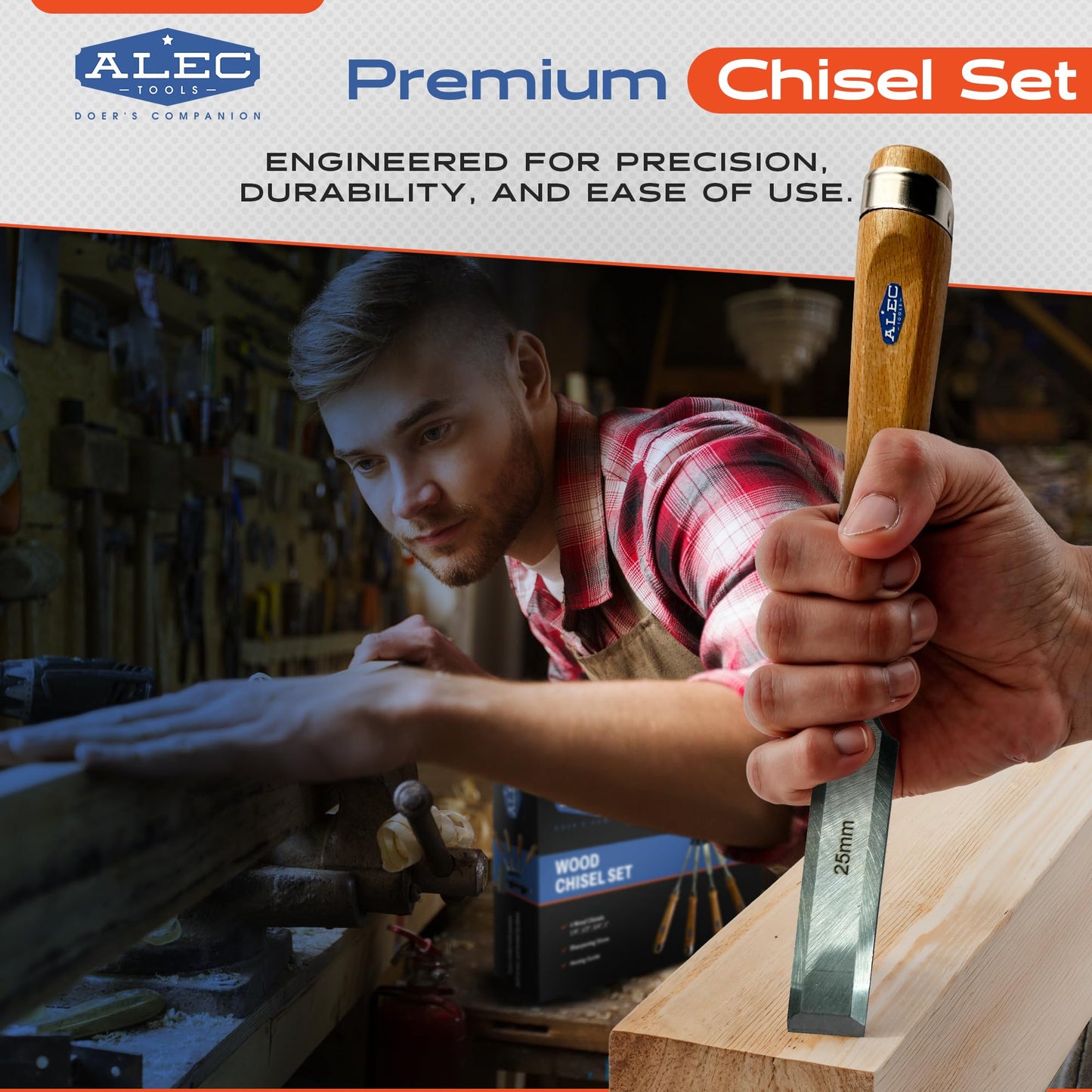 Alec Tools 4-Pc Wood Chisel Set with Sharpening Stone & Honing Guide – Pre-Sharpened Blades for Woodworking, DIY, Hobby, Professional Use