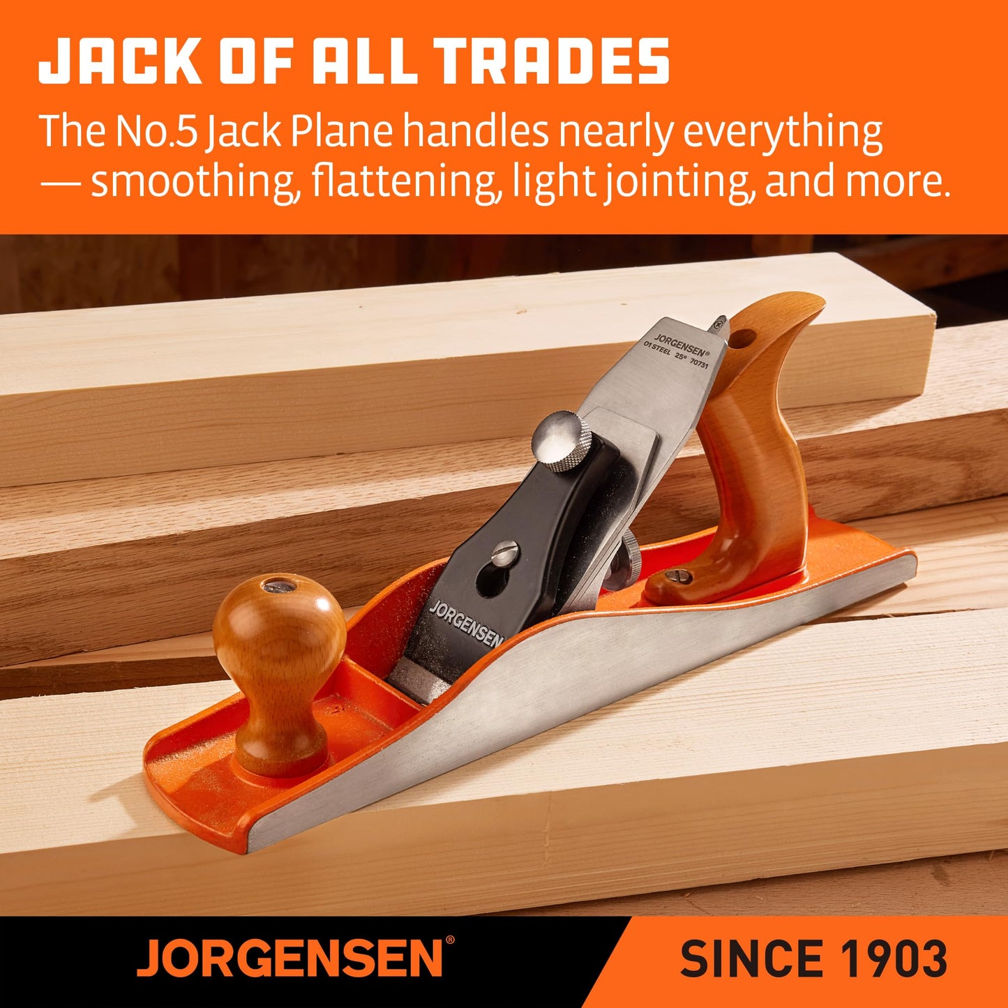 JORGENSEN No.5 Wood Planer - Professional Hand Plane for Flattening & Smoothing Wood, Adjustable Depth, Ergonomic Ductile Iron Body