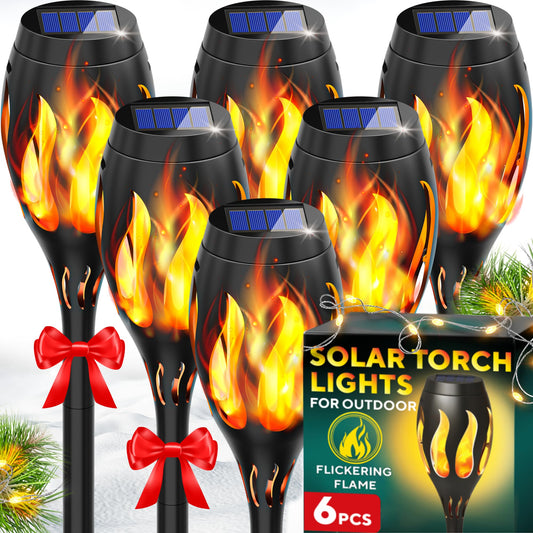 6-Pack Solar Tiki Torches for Outdoors – Flickering Flame, Waterproof, Auto On/Off, Perfect for Yard, Patio, Garden & Pathway