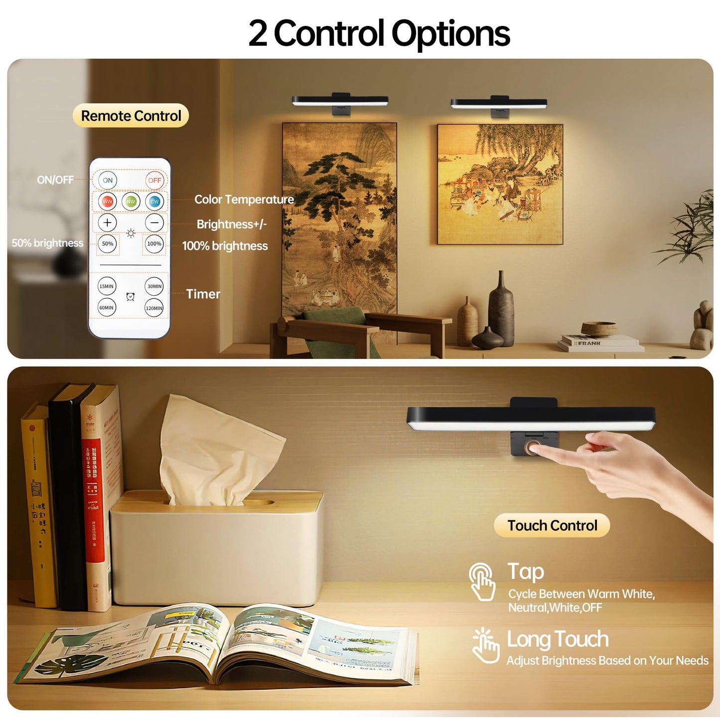 Auncko 2-Pack Rechargeable Wall Picture Lights with Remote – Dimmable, 3 Color Temps, Timer, Wireless Art & Frame Lighting, Black