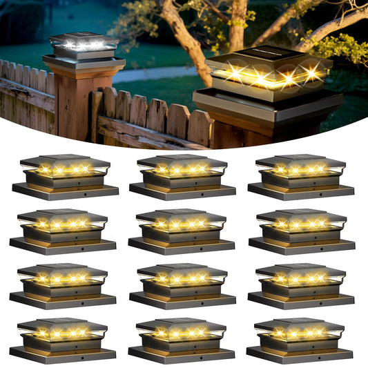 12-Pack Solar Post Cap Lights for 4x4, 5x5, 6x6 Posts – Warm & Cool White, Black Waterproof Outdoor Fence Lights for Garden Patio Porch