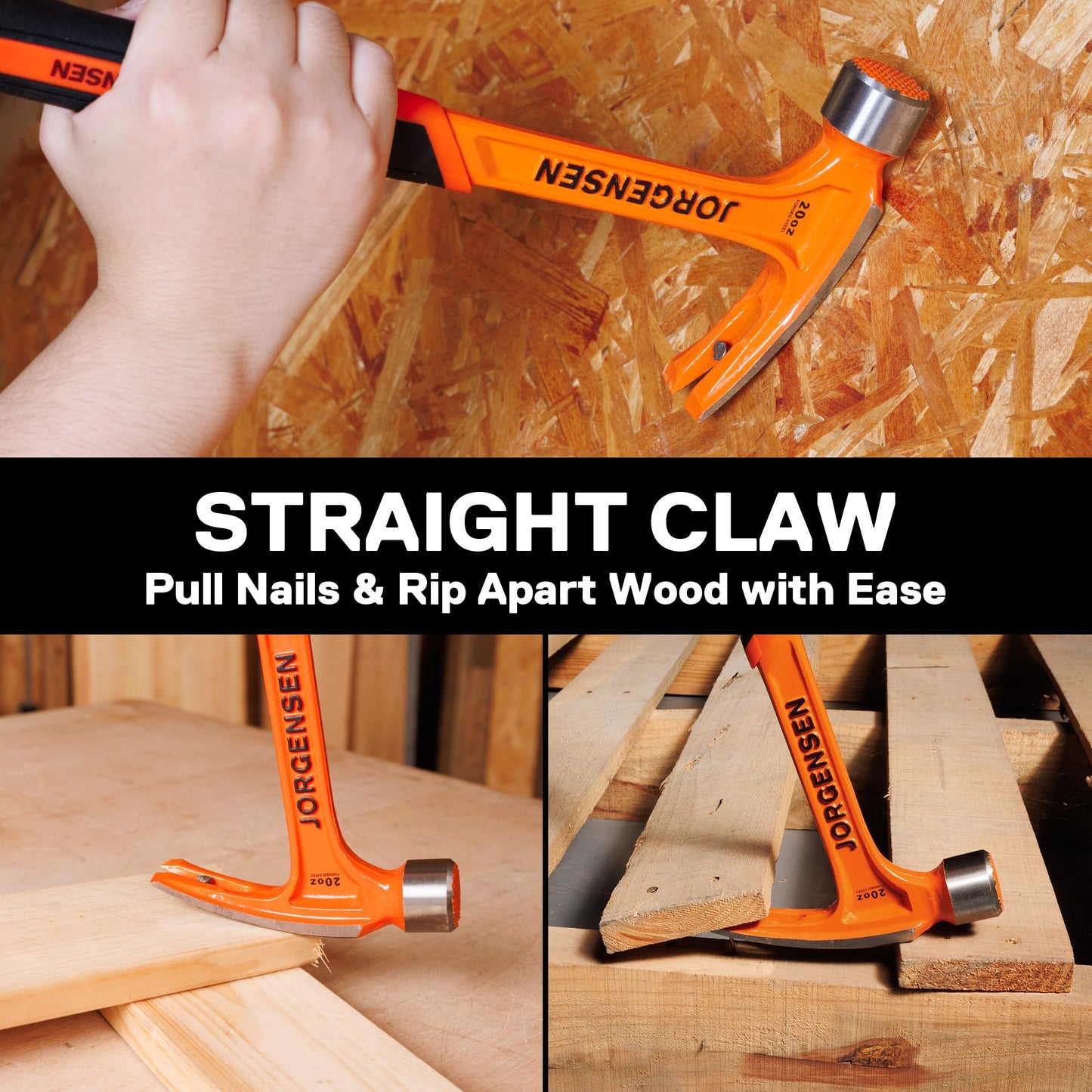 Jorgensen 20oz Straight Claw Hammer with Magnetic Nail Holder, Milled Face, Side Nail Puller & Shock-Absorbing Grip, Heavy Duty