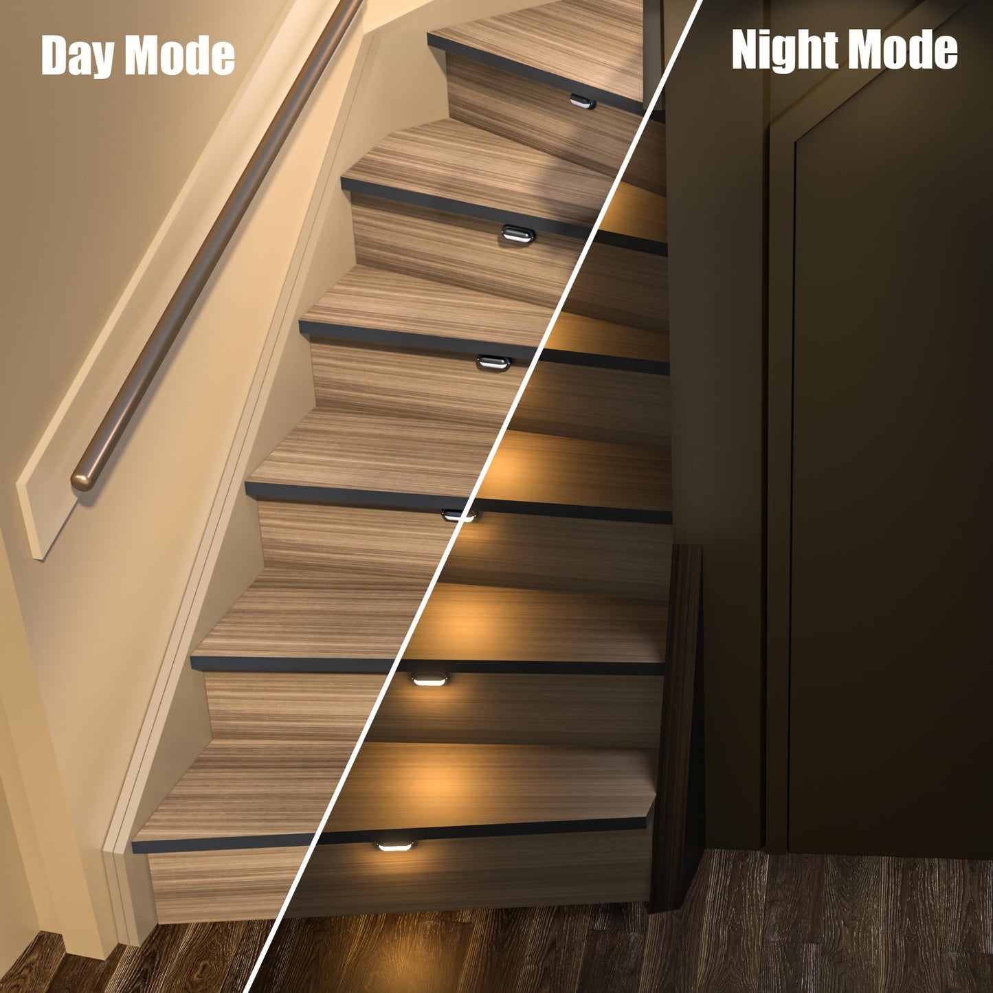 **RWOFNIA Motion-Triggered LED Stair Light Kit, Dimmable Warm White 3000K, Day/Night Sensor, Auto Off Delay, Indoor Stair Lighting for 14 Steps**