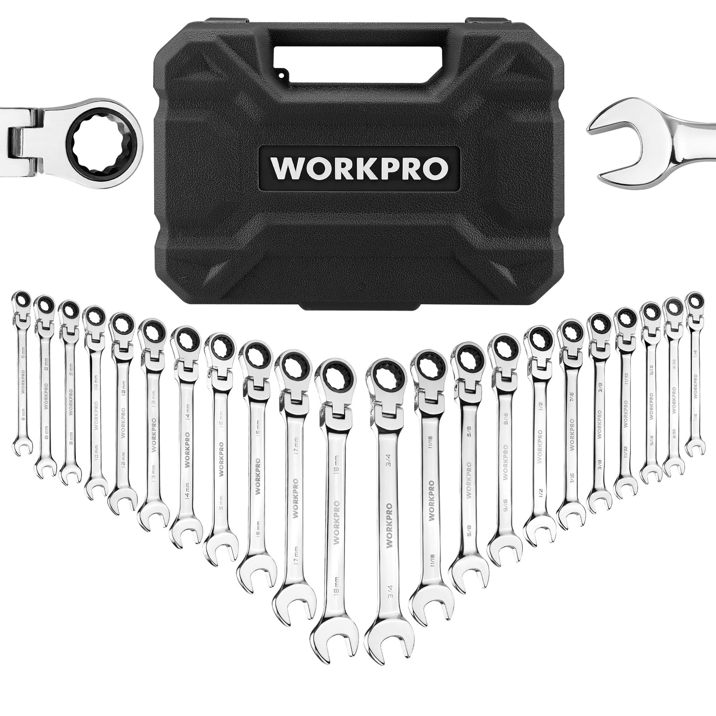WORKPRO 22-Piece Ratcheting Wrench Set, Flex-Head Ratchet Combination Wrench Sets with Organizer Box, 72 Teeth, Metric 6-18mm & SAE 1/4-3/4"