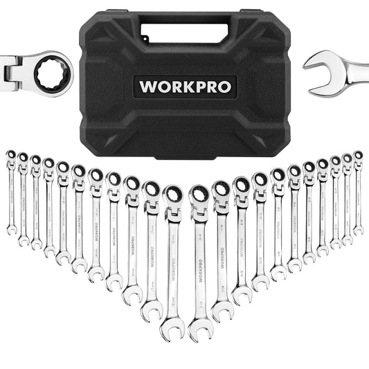 WORKPRO 22-Piece Ratcheting Wrench Set, Flex-Head Ratchet Combination Wrench Sets with Organizer Box, 72 Teeth, Metric 6-18mm & SAE 1/4-3/4"