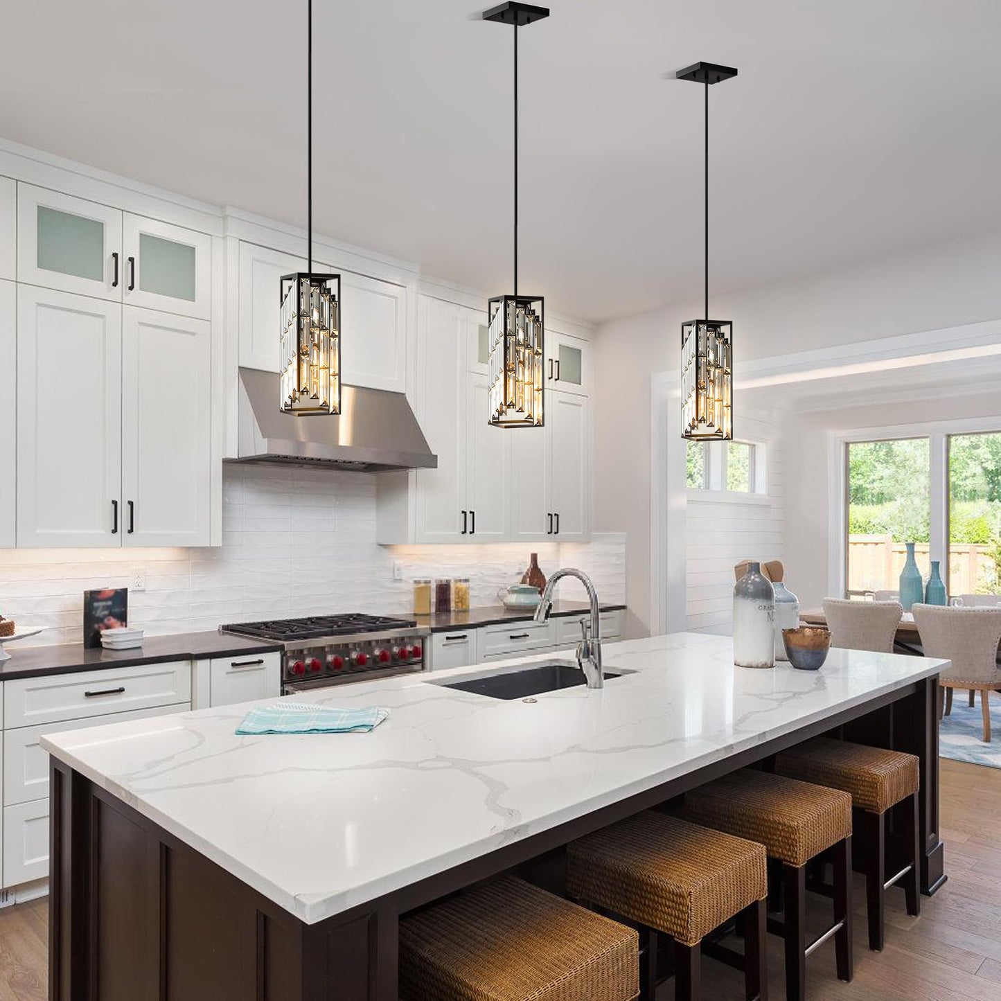 Esfos 3-Pack Black Crystal Pendant Lights, Mini Chandeliers for Kitchen Island, Dining Room, Bedroom – Modern Ceiling Fixtures