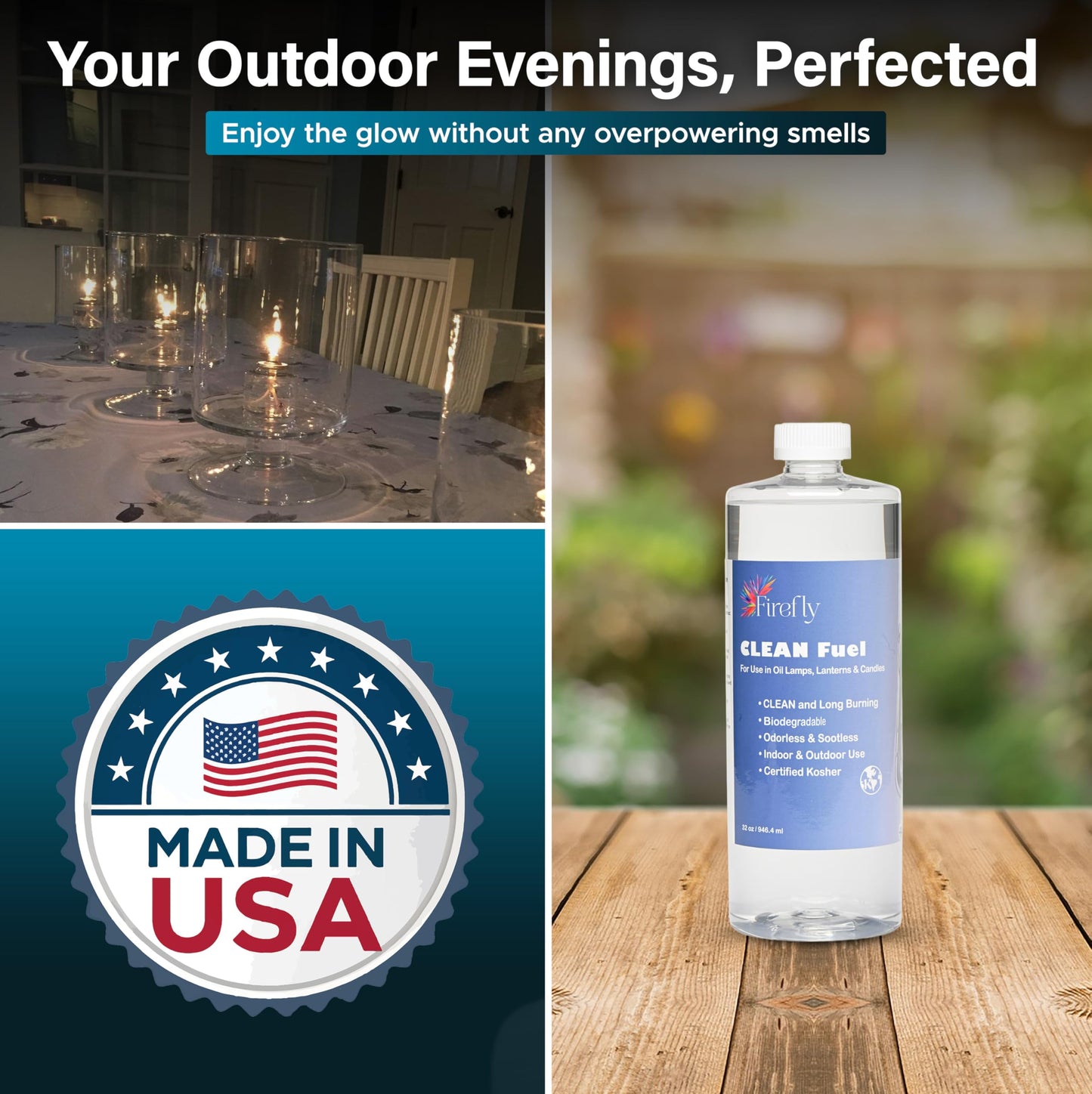 Firefly Fuel Clean Fuel Lamp Oil - Smokeless, Virtually Odorless, and Long-Lasting Burn Time for Indoor & Outdoor Lamps - 32 Ounces - Made in USA